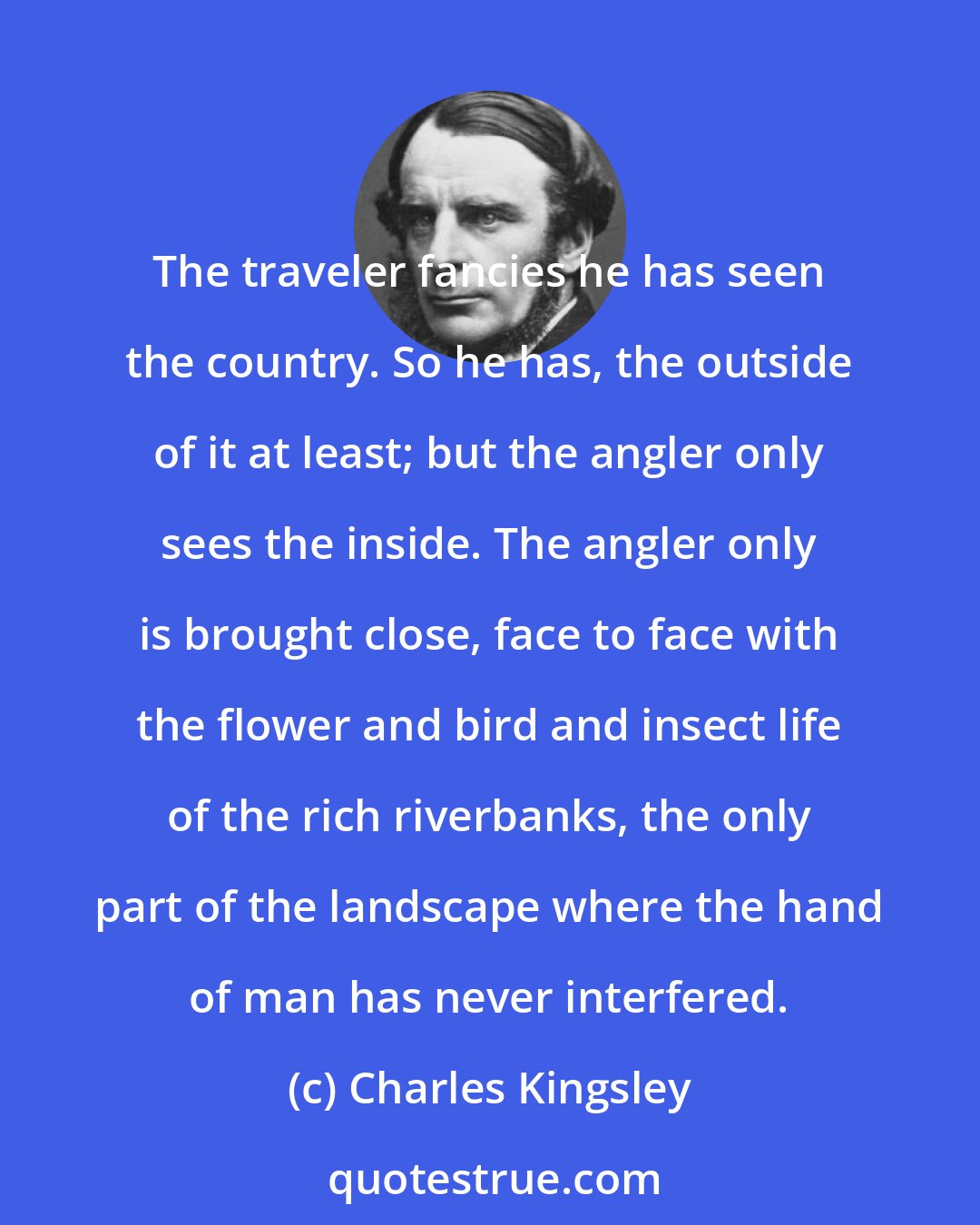 Charles Kingsley: The traveler fancies he has seen the country. So he has, the outside of it at least; but the angler only sees the inside. The angler only is brought close, face to face with the flower and bird and insect life of the rich riverbanks, the only part of the landscape where the hand of man has never interfered.