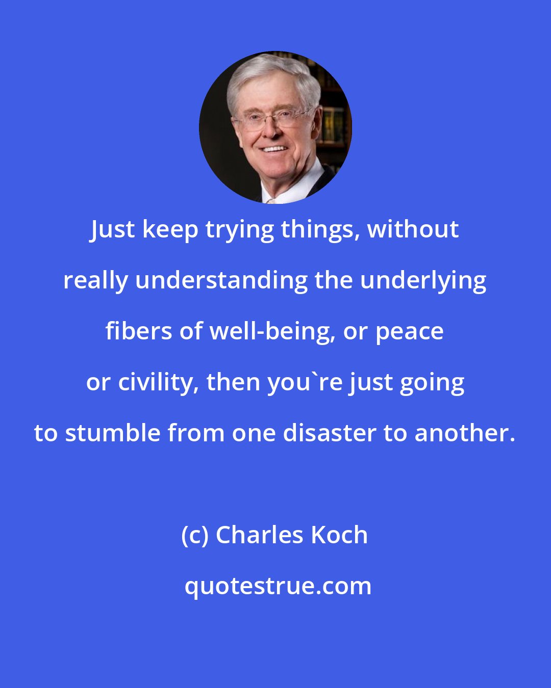 Charles Koch: Just keep trying things, without really understanding the underlying fibers of well-being, or peace or civility, then you're just going to stumble from one disaster to another.