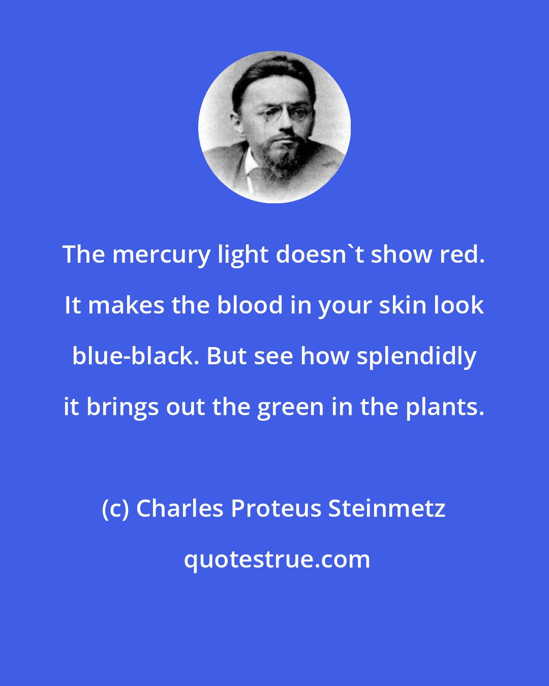 Charles Proteus Steinmetz: The mercury light doesn't show red. It makes the blood in your skin look blue-black. But see how splendidly it brings out the green in the plants.