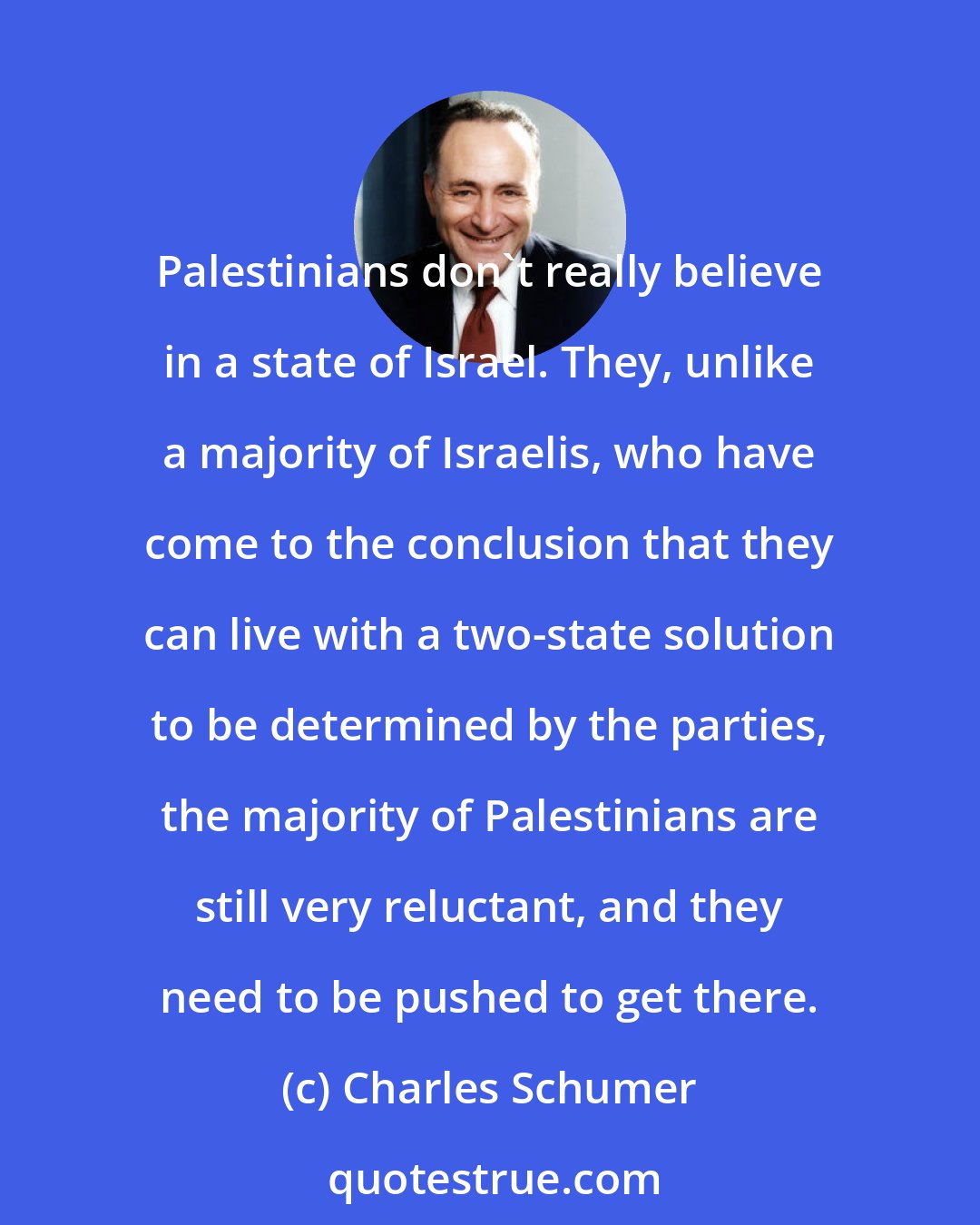Charles Schumer: Palestinians don't really believe in a state of Israel. They, unlike a majority of Israelis, who have come to the conclusion that they can live with a two-state solution to be determined by the parties, the majority of Palestinians are still very reluctant, and they need to be pushed to get there.