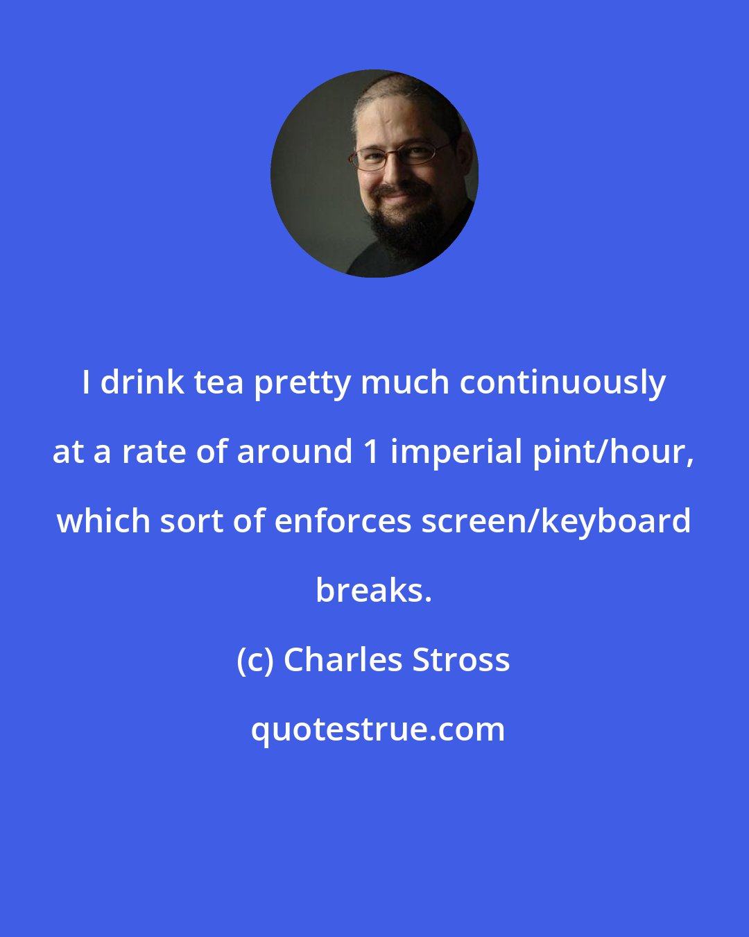 Charles Stross: I drink tea pretty much continuously at a rate of around 1 imperial pint/hour, which sort of enforces screen/keyboard breaks.