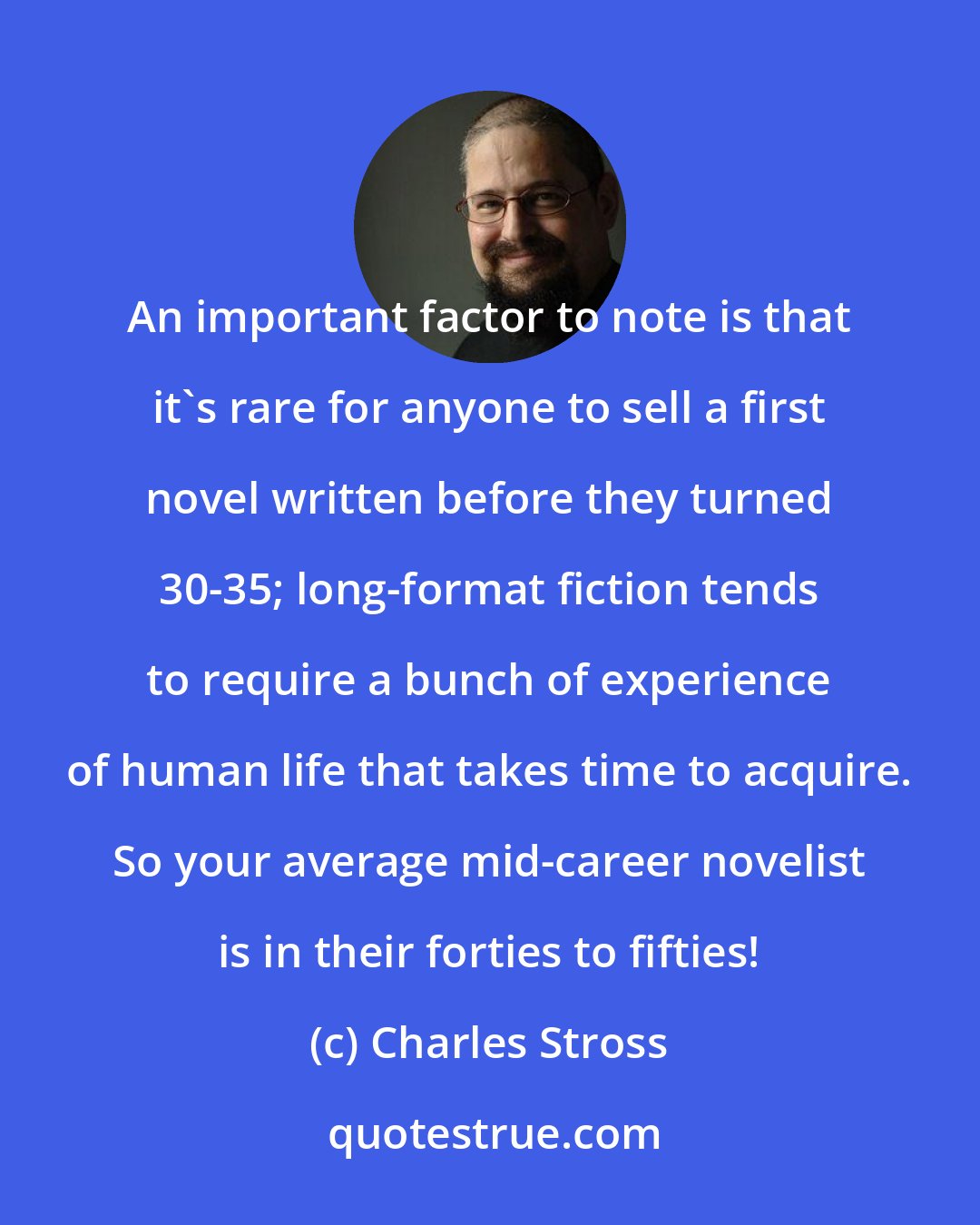 Charles Stross: An important factor to note is that it's rare for anyone to sell a first novel written before they turned 30-35; long-format fiction tends to require a bunch of experience of human life that takes time to acquire. So your average mid-career novelist is in their forties to fifties!