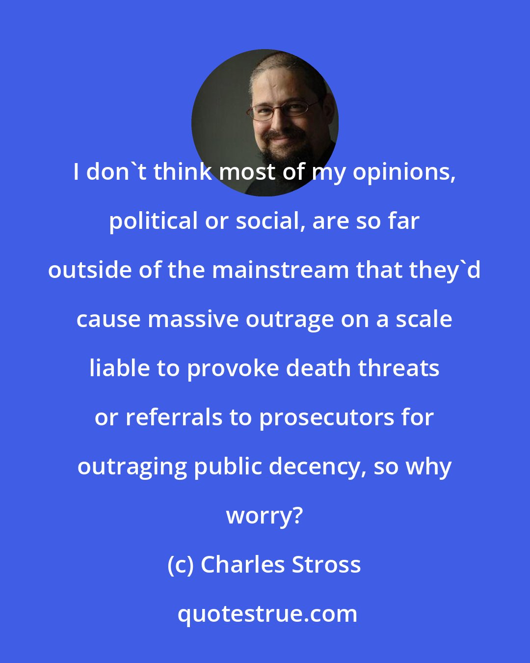 Charles Stross: I don't think most of my opinions, political or social, are so far outside of the mainstream that they'd cause massive outrage on a scale liable to provoke death threats or referrals to prosecutors for outraging public decency, so why worry?