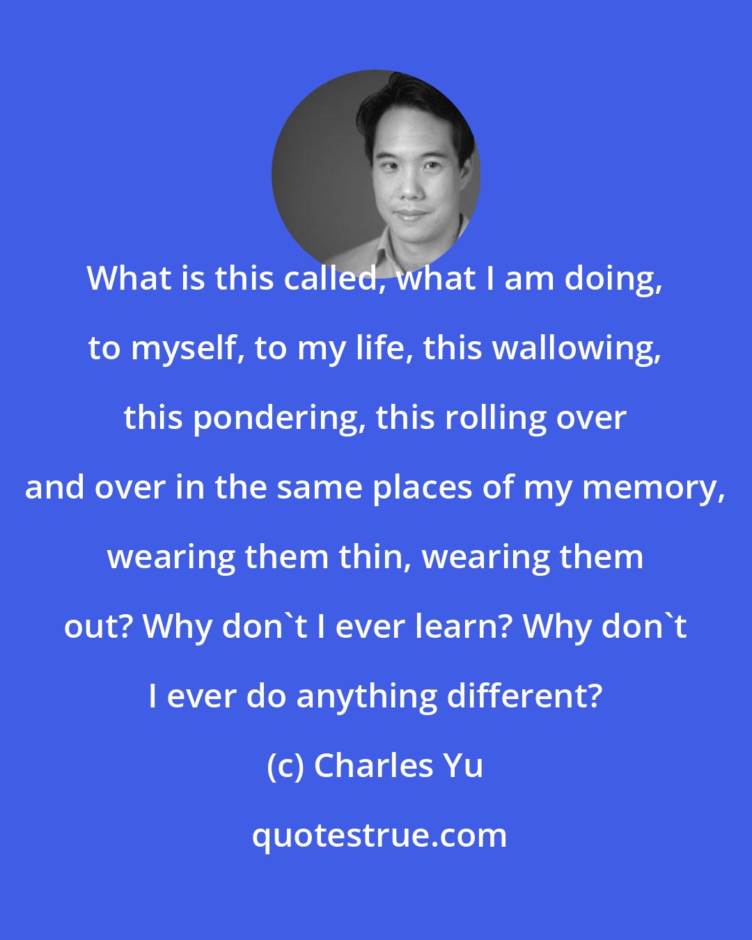 Charles Yu: What is this called, what I am doing, to myself, to my life, this wallowing, this pondering, this rolling over and over in the same places of my memory, wearing them thin, wearing them out? Why don't I ever learn? Why don't I ever do anything different?