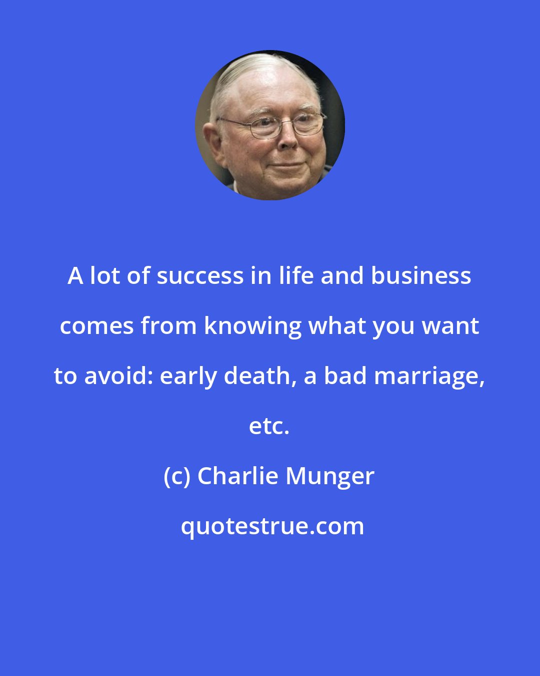 Charlie Munger: A lot of success in life and business comes from knowing what you want to avoid: early death, a bad marriage, etc.