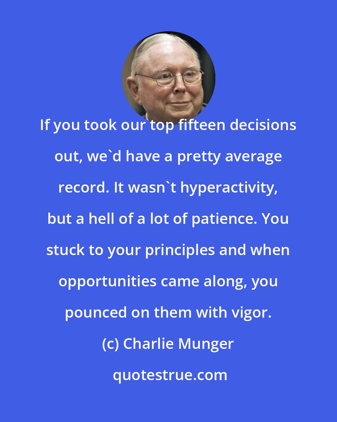 Charlie Munger: If you took our top fifteen decisions out, we'd have a pretty average record. It wasn't hyperactivity, but a hell of a lot of patience. You stuck to your principles and when opportunities came along, you pounced on them with vigor.