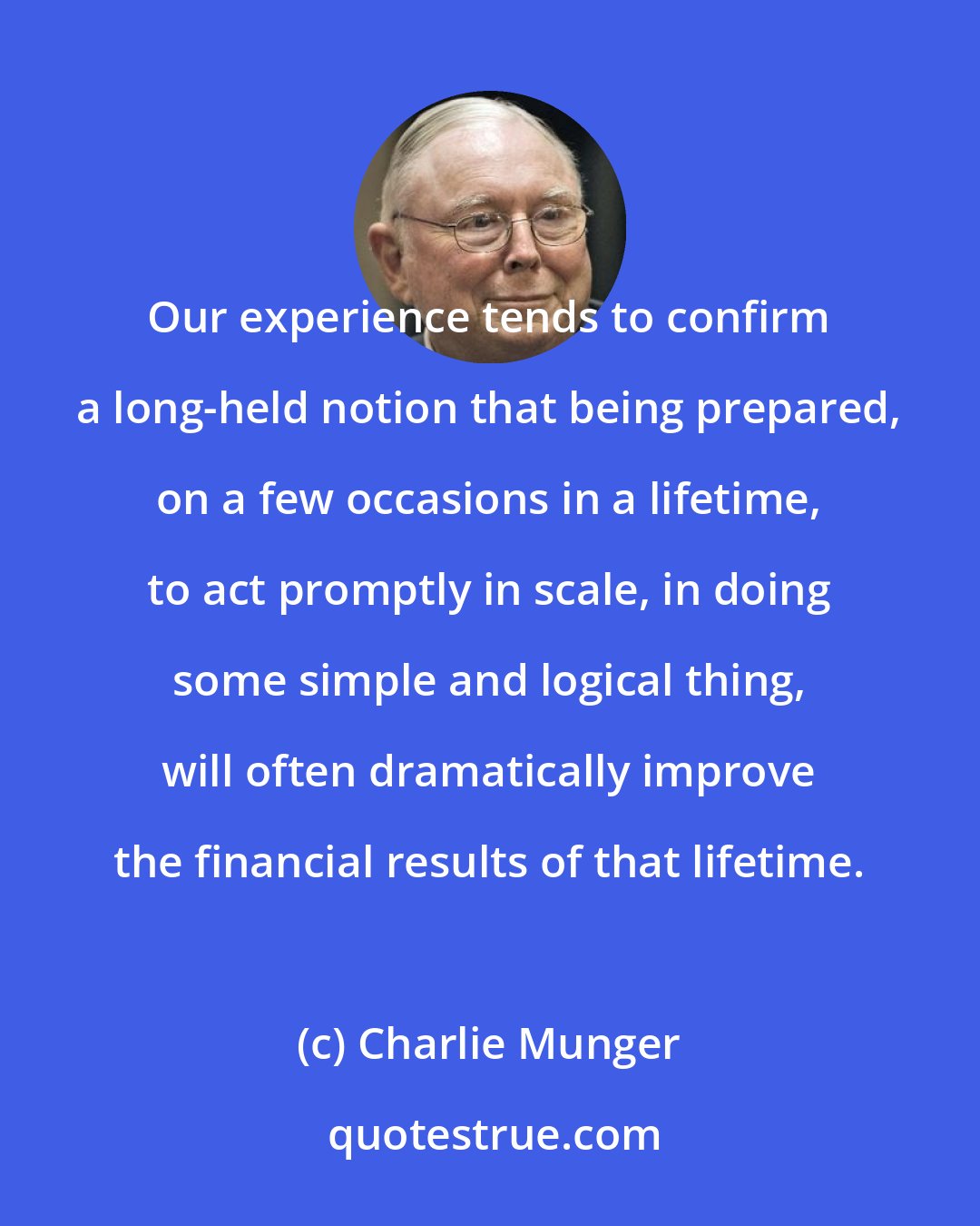 Charlie Munger: Our experience tends to confirm a long-held notion that being prepared, on a few occasions in a lifetime, to act promptly in scale, in doing some simple and logical thing, will often dramatically improve the financial results of that lifetime.