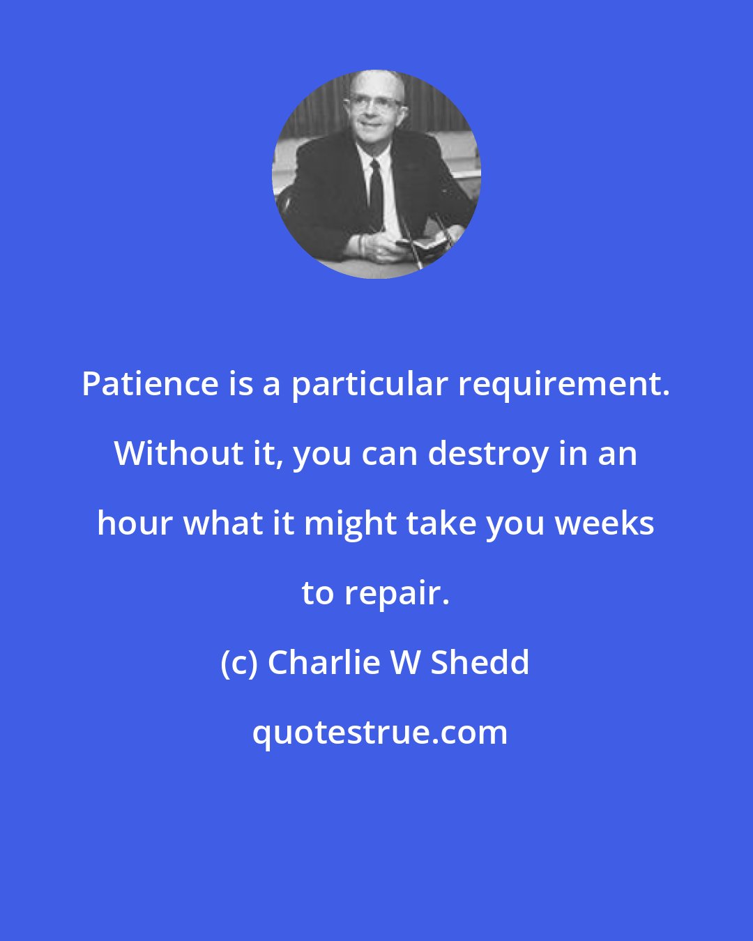 Charlie W Shedd: Patience is a particular requirement. Without it, you can destroy in an hour what it might take you weeks to repair.