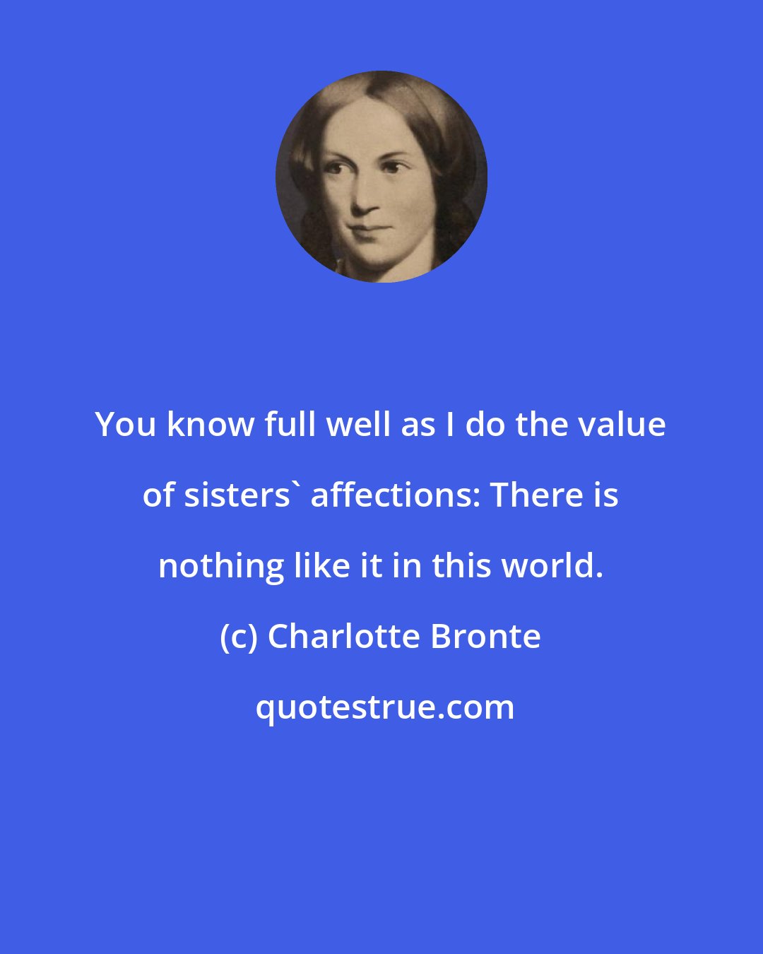 Charlotte Bronte: You know full well as I do the value of sisters' affections: There is nothing like it in this world.