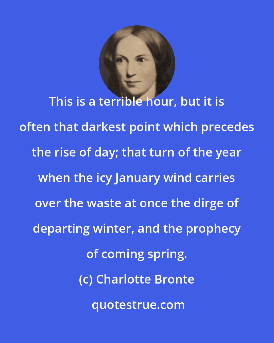 Charlotte Bronte: This is a terrible hour, but it is often that darkest point which precedes the rise of day; that turn of the year when the icy January wind carries over the waste at once the dirge of departing winter, and the prophecy of coming spring.