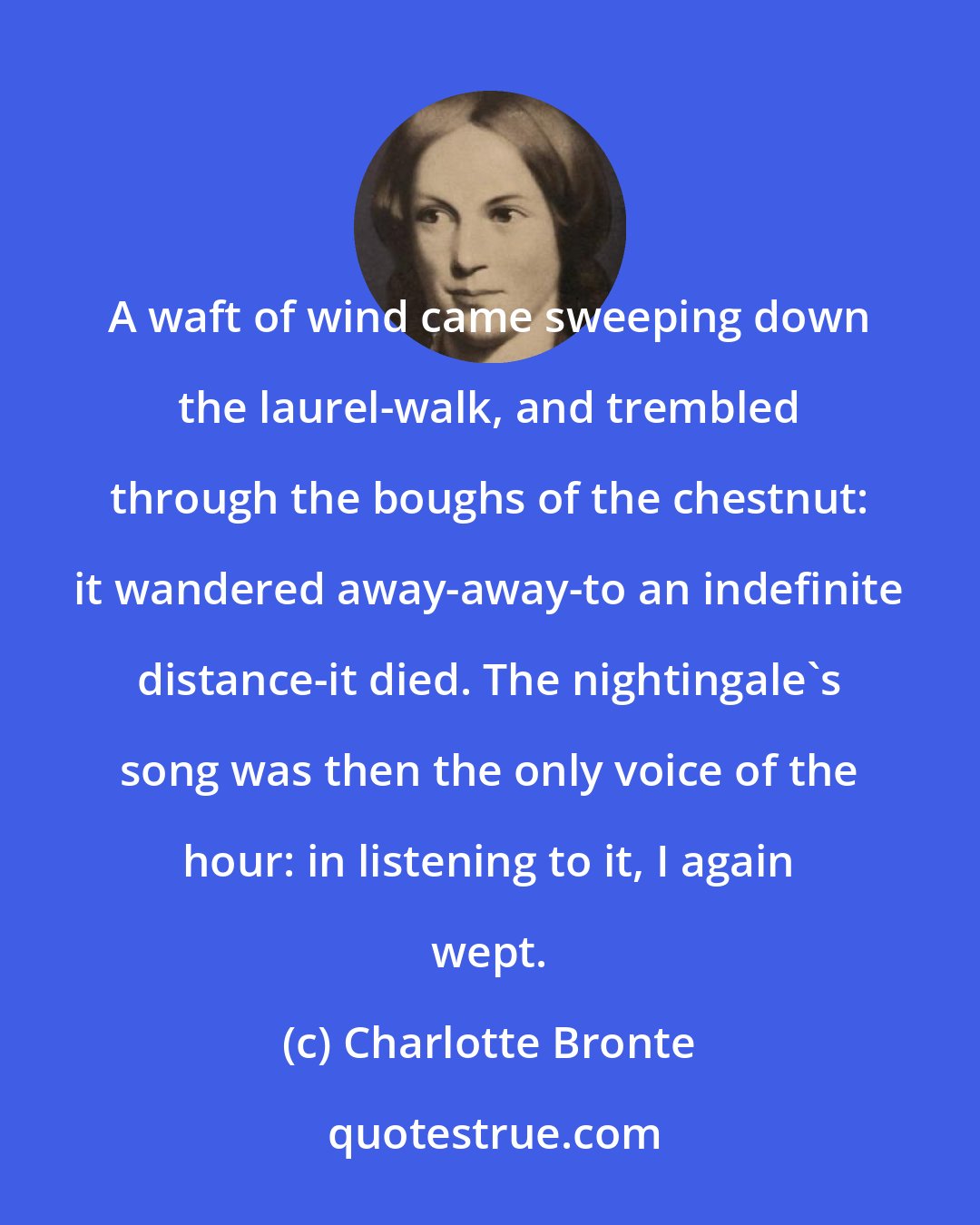 Charlotte Bronte: A waft of wind came sweeping down the laurel-walk, and trembled through the boughs of the chestnut: it wandered away-away-to an indefinite distance-it died. The nightingale's song was then the only voice of the hour: in listening to it, I again wept.