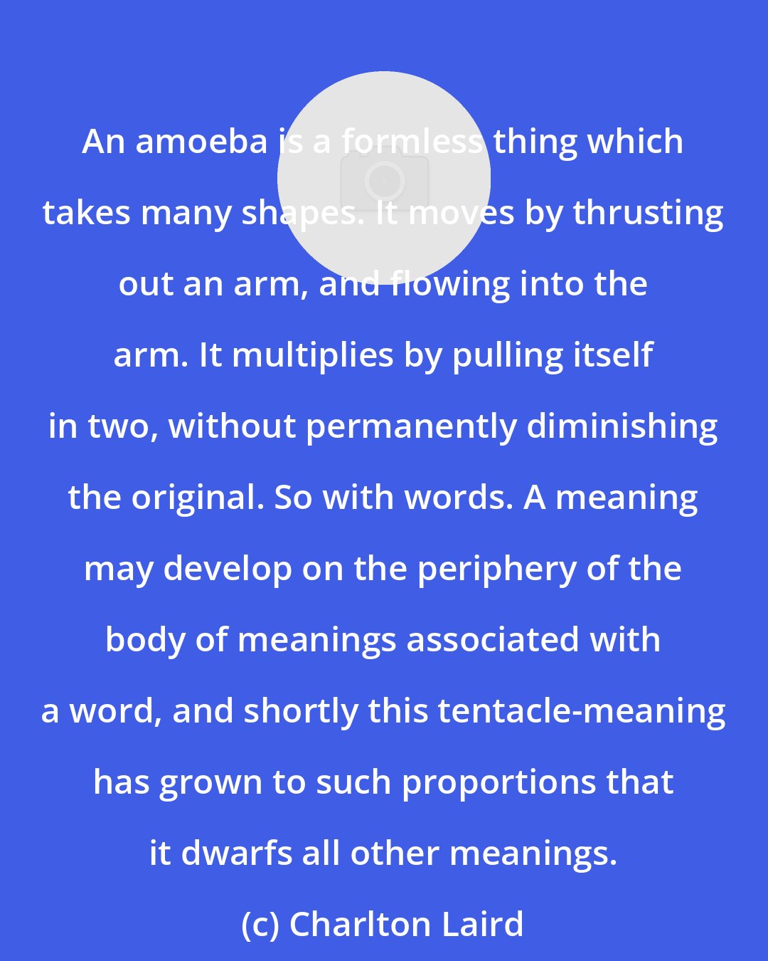 Charlton Laird: An amoeba is a formless thing which takes many shapes. It moves by thrusting out an arm, and flowing into the arm. It multiplies by pulling itself in two, without permanently diminishing the original. So with words. A meaning may develop on the periphery of the body of meanings associated with a word, and shortly this tentacle-meaning has grown to such proportions that it dwarfs all other meanings.