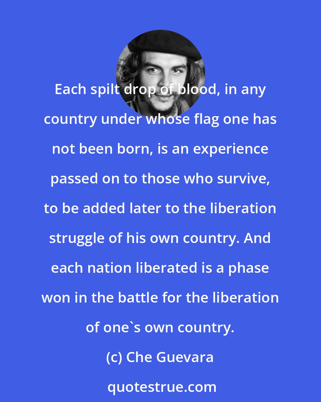 Che Guevara: Each spilt drop of blood, in any country under whose flag one has not been born, is an experience passed on to those who survive, to be added later to the liberation struggle of his own country. And each nation liberated is a phase won in the battle for the liberation of one's own country.