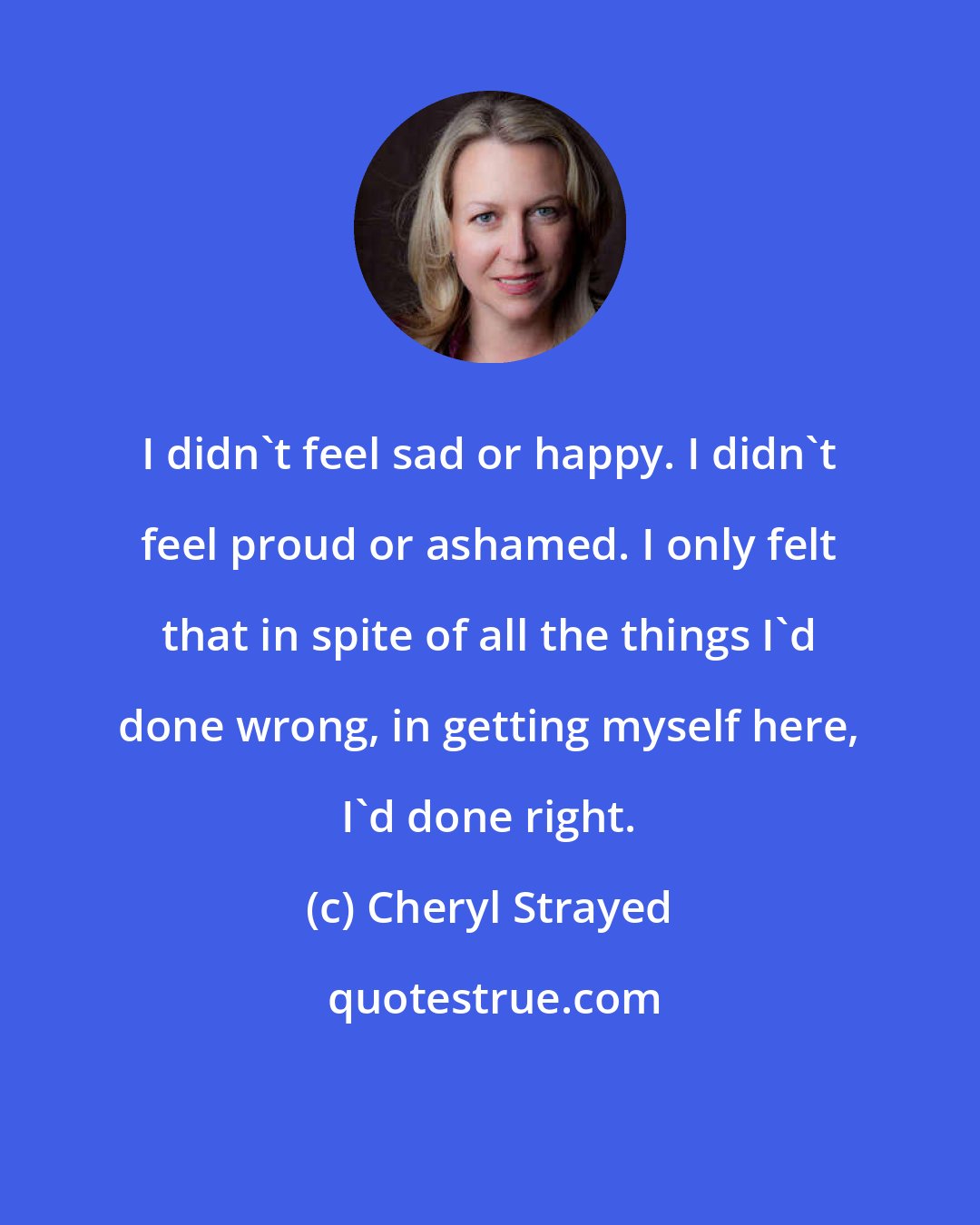 Cheryl Strayed: I didn't feel sad or happy. I didn't feel proud or ashamed. I only felt that in spite of all the things I'd done wrong, in getting myself here, I'd done right.