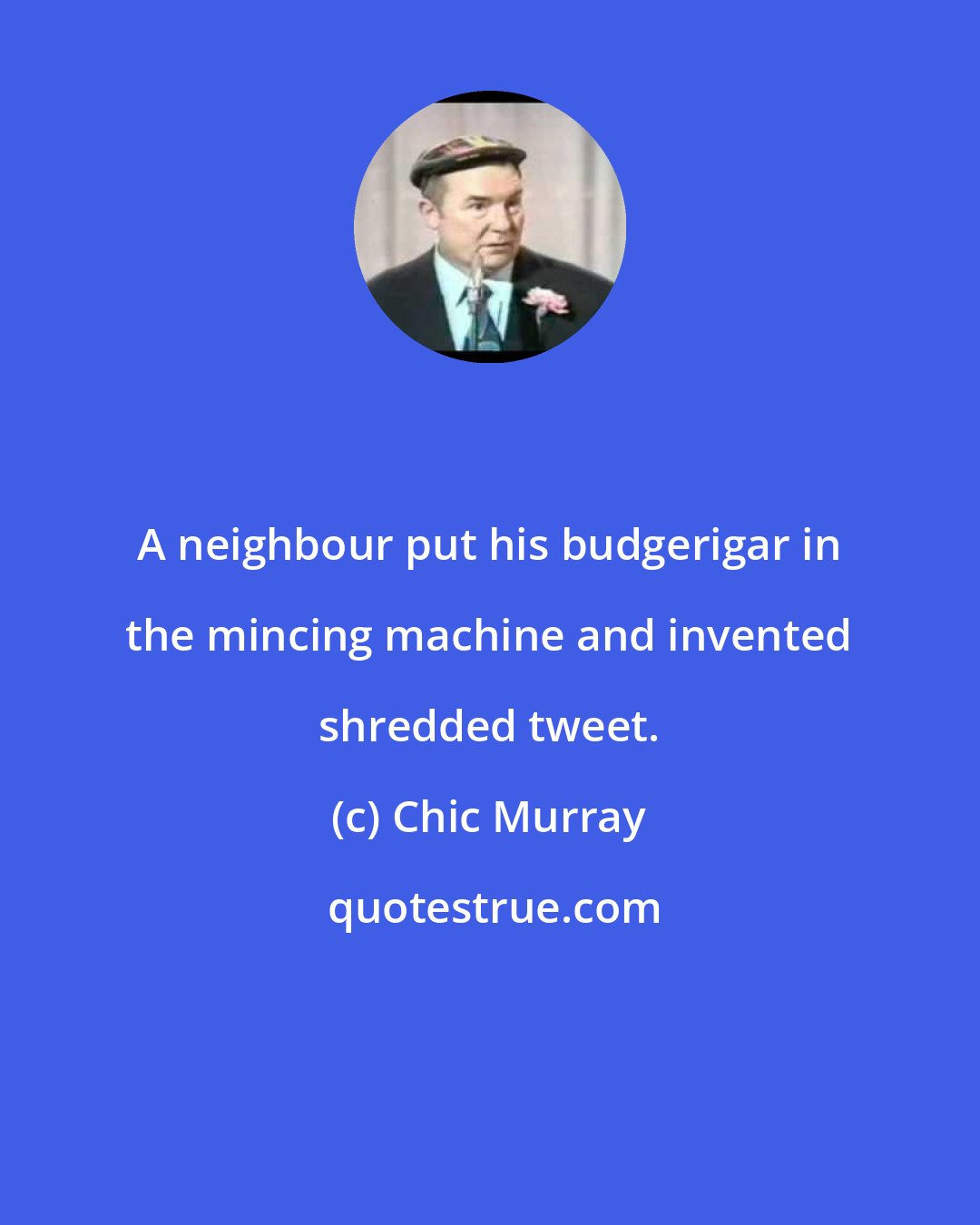 Chic Murray: A neighbour put his budgerigar in the mincing machine and invented shredded tweet.