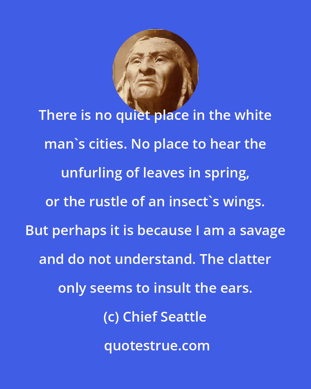 Chief Seattle: There is no quiet place in the white man's cities. No place to hear the unfurling of leaves in spring, or the rustle of an insect's wings. But perhaps it is because I am a savage and do not understand. The clatter only seems to insult the ears.