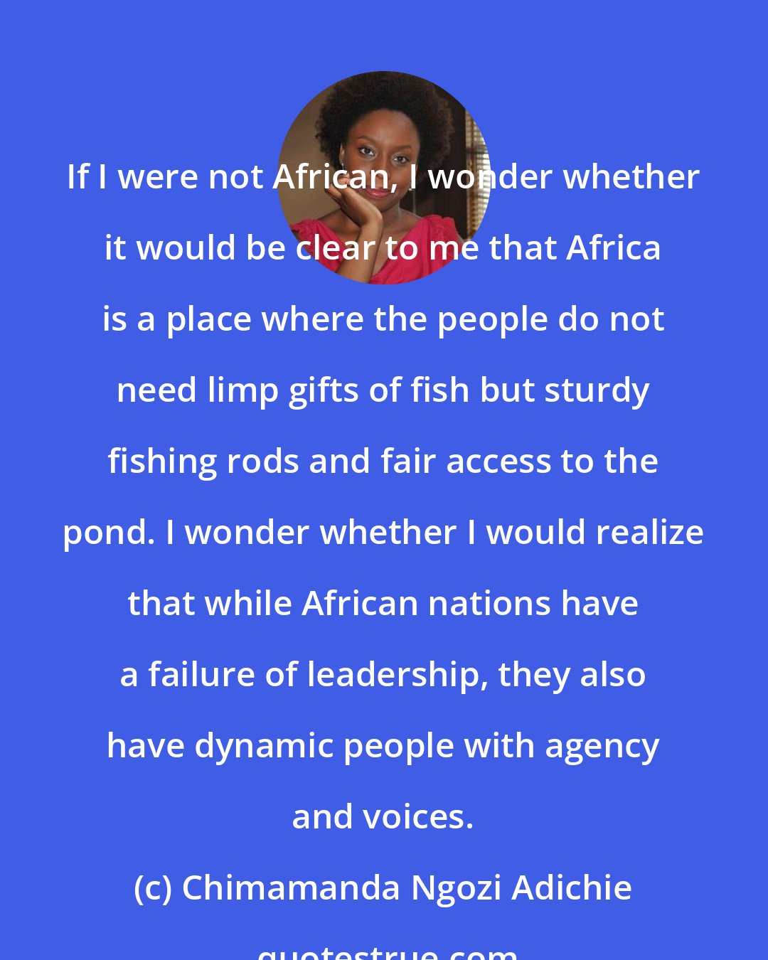 Chimamanda Ngozi Adichie: If I were not African, I wonder whether it would be clear to me that Africa is a place where the people do not need limp gifts of fish but sturdy fishing rods and fair access to the pond. I wonder whether I would realize that while African nations have a failure of leadership, they also have dynamic people with agency and voices.