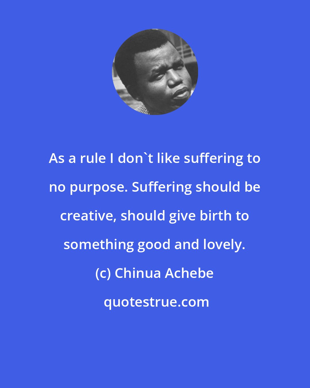 Chinua Achebe: As a rule I don't like suffering to no purpose. Suffering should be creative, should give birth to something good and lovely.