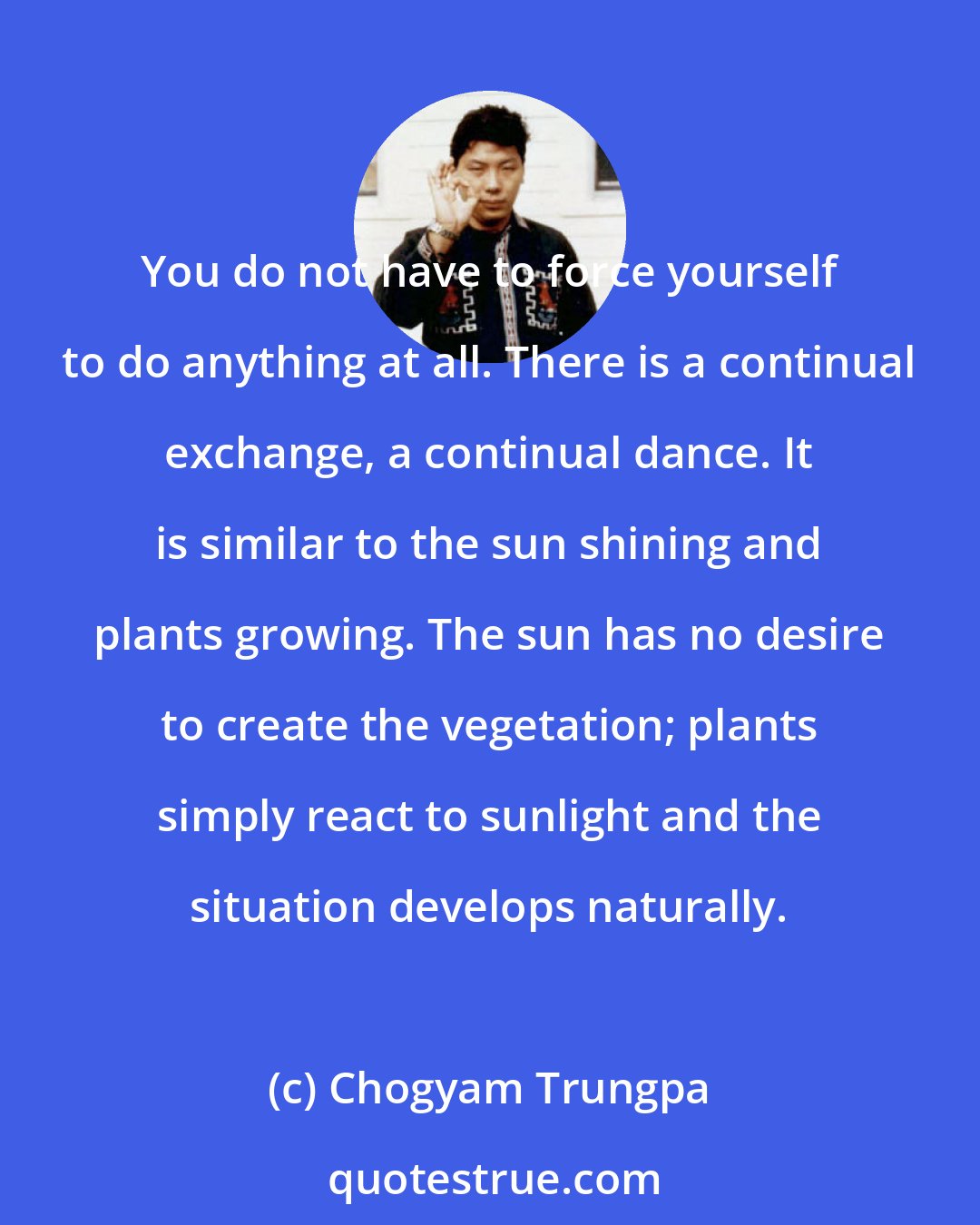 Chogyam Trungpa: You do not have to force yourself to do anything at all. There is a continual exchange, a continual dance. It is similar to the sun shining and plants growing. The sun has no desire to create the vegetation; plants simply react to sunlight and the situation develops naturally.