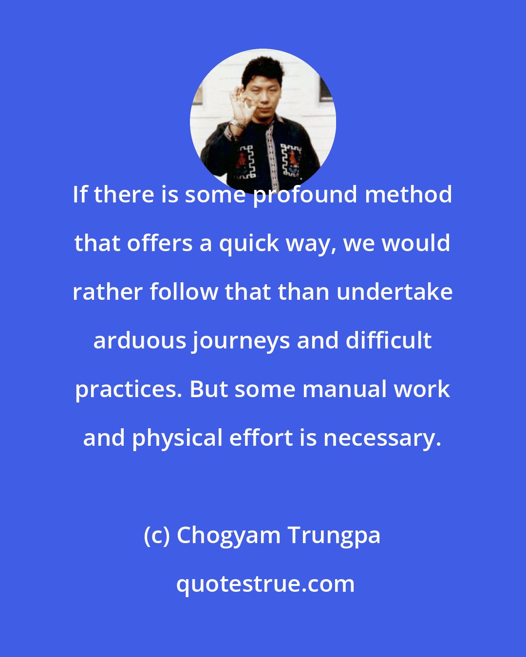 Chogyam Trungpa: If there is some profound method that offers a quick way, we would rather follow that than undertake arduous journeys and difficult practices. But some manual work and physical effort is necessary.