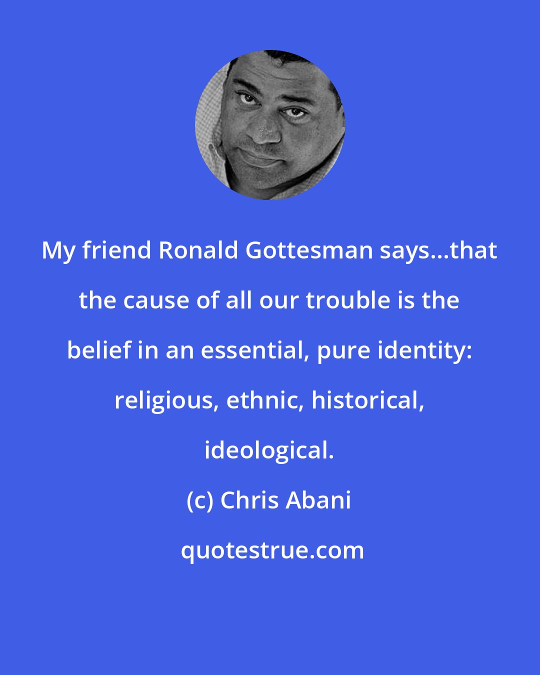 Chris Abani: My friend Ronald Gottesman says...that the cause of all our trouble is the belief in an essential, pure identity: religious, ethnic, historical, ideological.