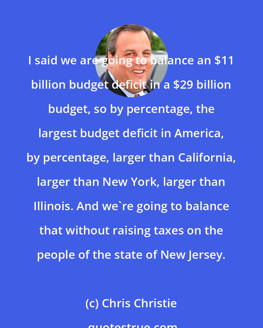 Chris Christie: I said we are going to balance an $11 billion budget deficit in a $29 billion budget, so by percentage, the largest budget deficit in America, by percentage, larger than California, larger than New York, larger than Illinois. And we're going to balance that without raising taxes on the people of the state of New Jersey.