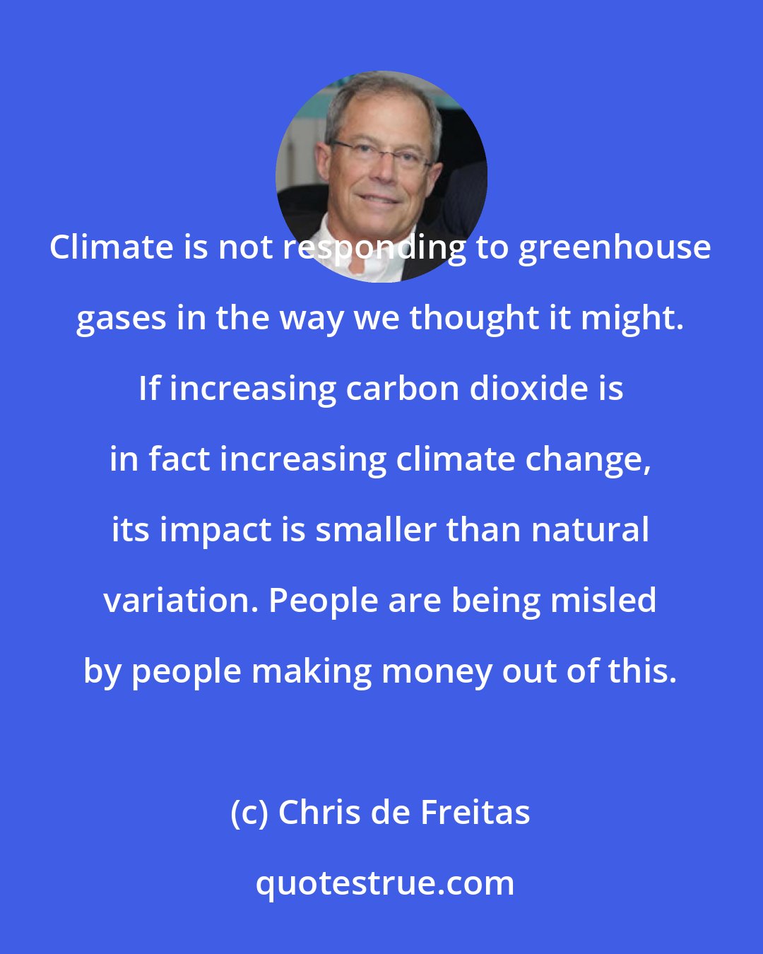 Chris de Freitas: Climate is not responding to greenhouse gases in the way we thought it might. If increasing carbon dioxide is in fact increasing climate change, its impact is smaller than natural variation. People are being misled by people making money out of this.