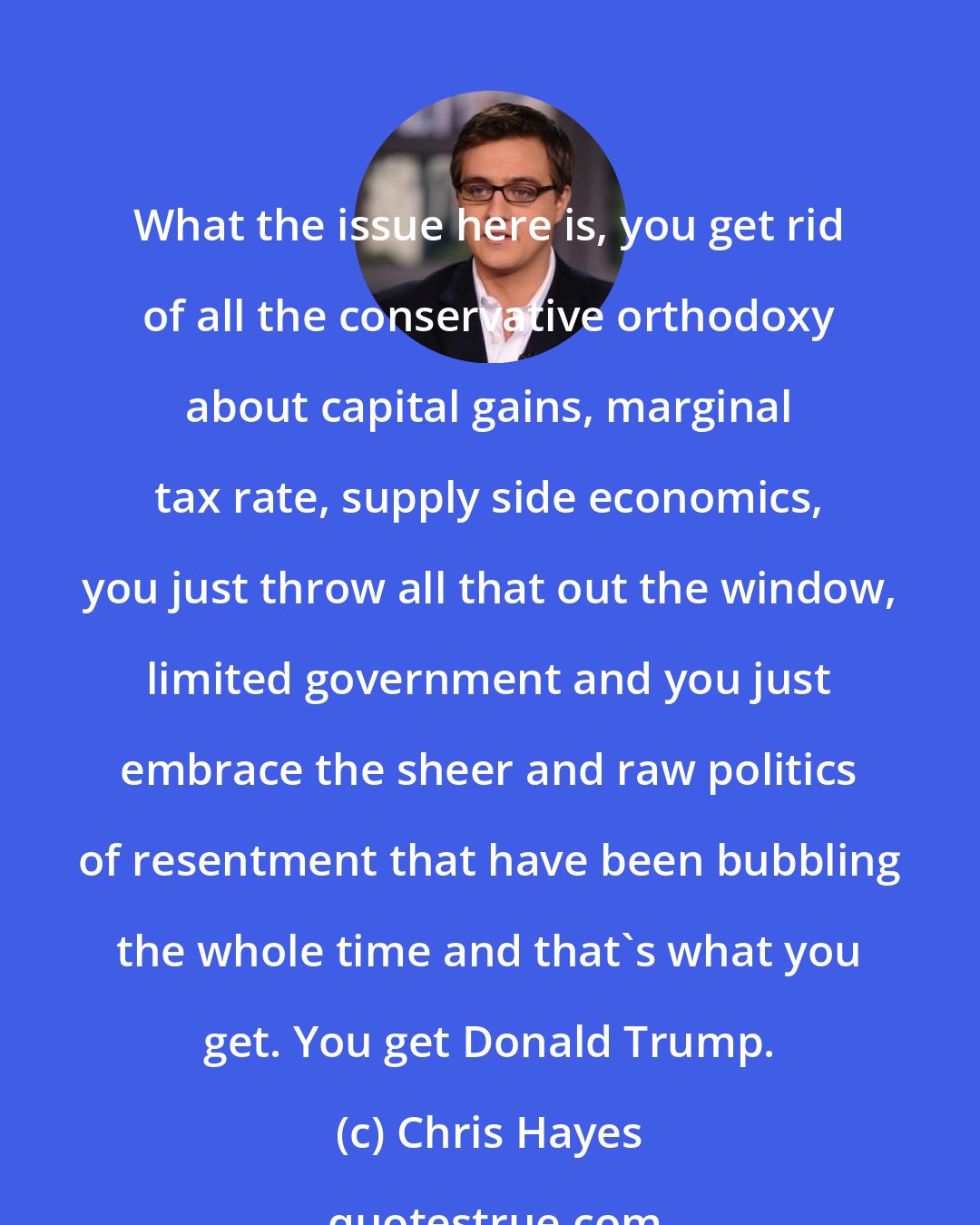 Chris Hayes: What the issue here is, you get rid of all the conservative orthodoxy about capital gains, marginal tax rate, supply side economics, you just throw all that out the window, limited government and you just embrace the sheer and raw politics of resentment that have been bubbling the whole time and that`s what you get. You get Donald Trump.