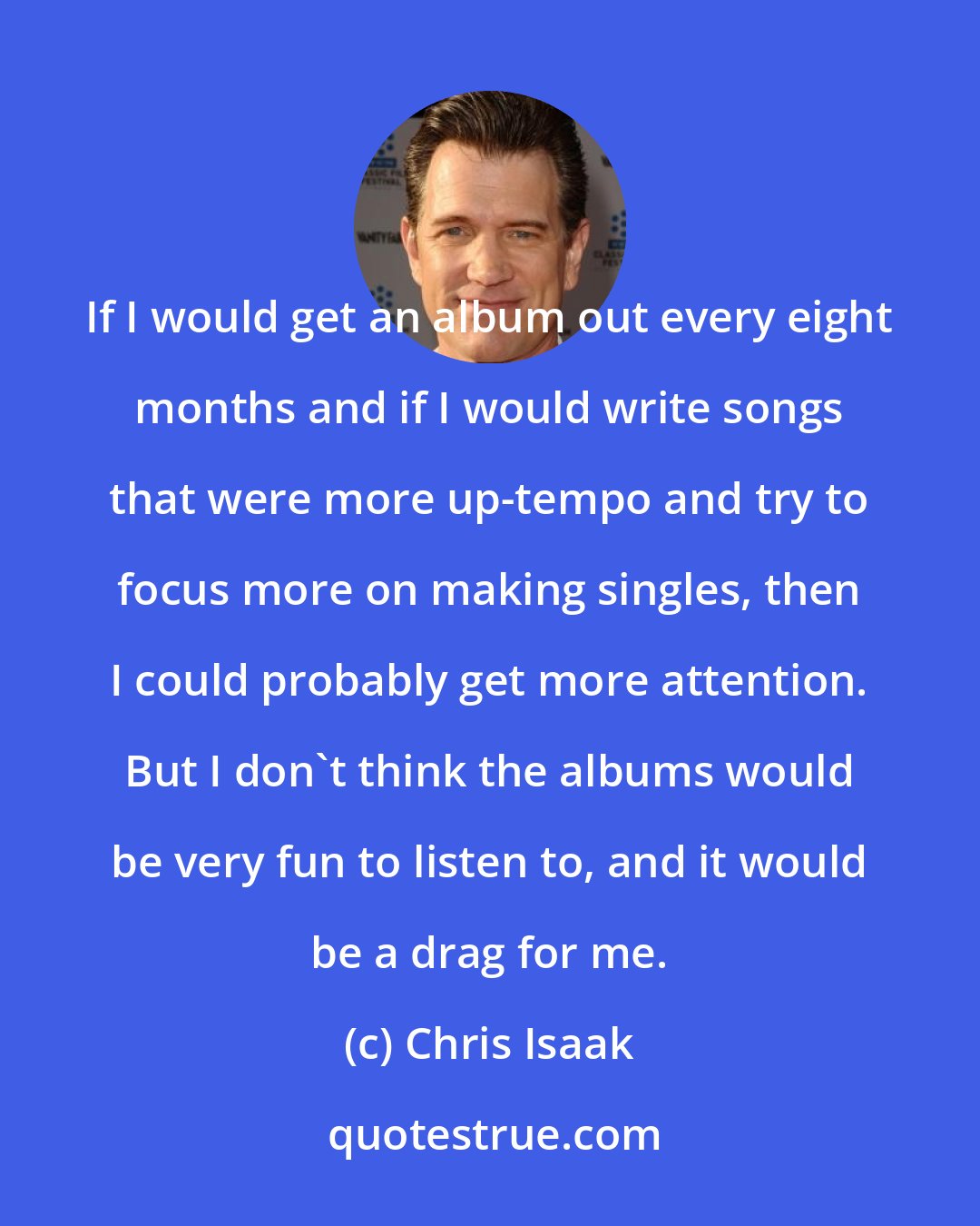 Chris Isaak: If I would get an album out every eight months and if I would write songs that were more up-tempo and try to focus more on making singles, then I could probably get more attention. But I don't think the albums would be very fun to listen to, and it would be a drag for me.