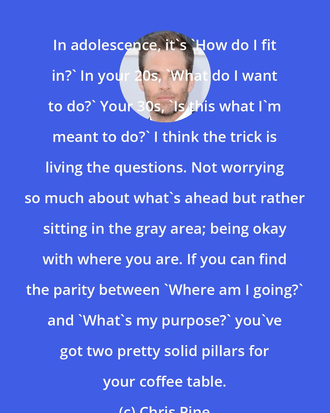 Chris Pine: In adolescence, it's 'How do I fit in?' In your 20s, 'What do I want to do?' Your 30s, 'Is this what I'm meant to do?' I think the trick is living the questions. Not worrying so much about what's ahead but rather sitting in the gray area; being okay with where you are. If you can find the parity between 'Where am I going?' and 'What's my purpose?' you've got two pretty solid pillars for your coffee table.