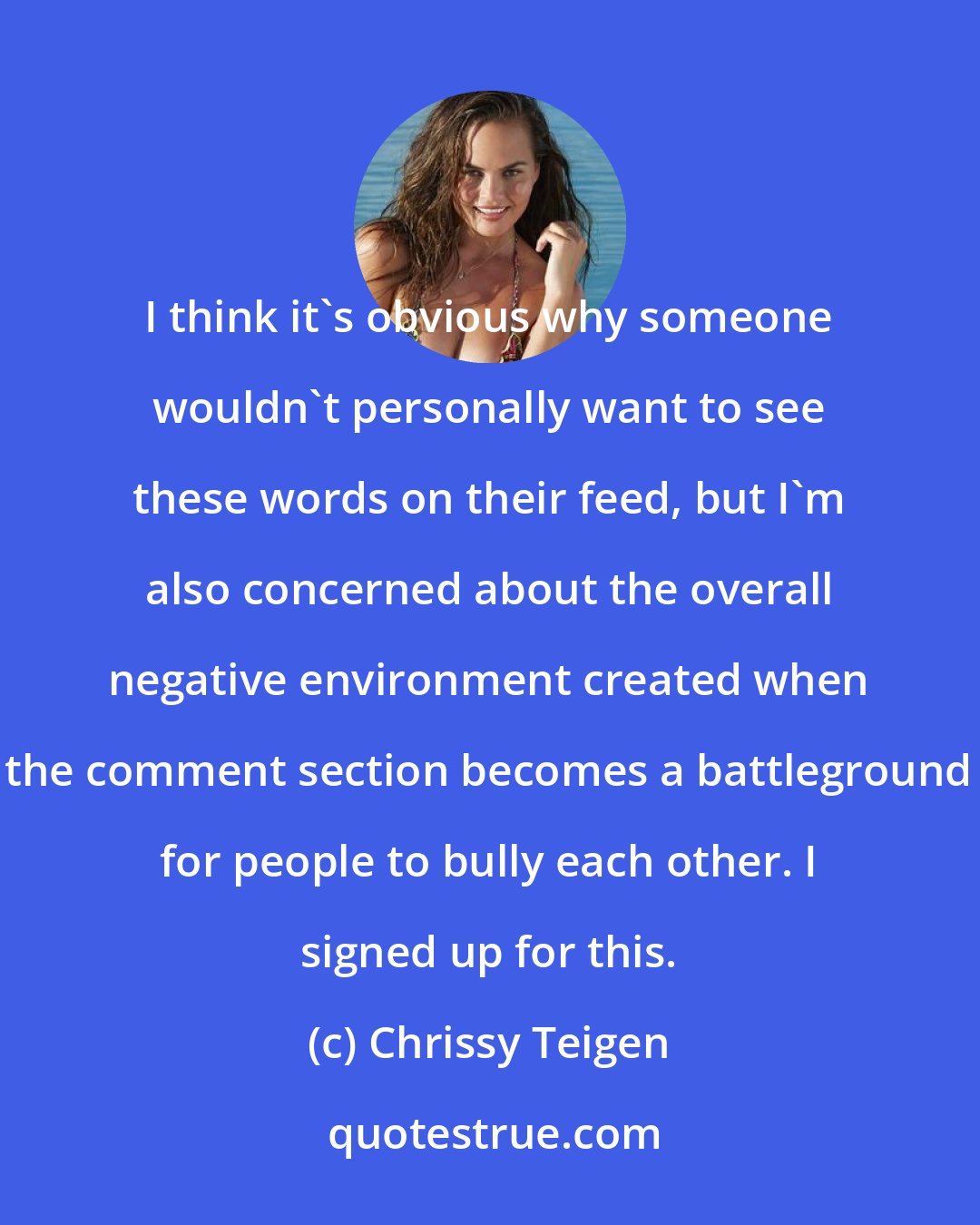 Chrissy Teigen: I think it's obvious why someone wouldn't personally want to see these words on their feed, but I'm also concerned about the overall negative environment created when the comment section becomes a battleground for people to bully each other. I signed up for this.