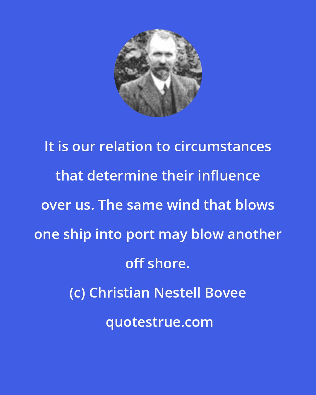 Christian Nestell Bovee: It is our relation to circumstances that determine their influence over us. The same wind that blows one ship into port may blow another off shore.