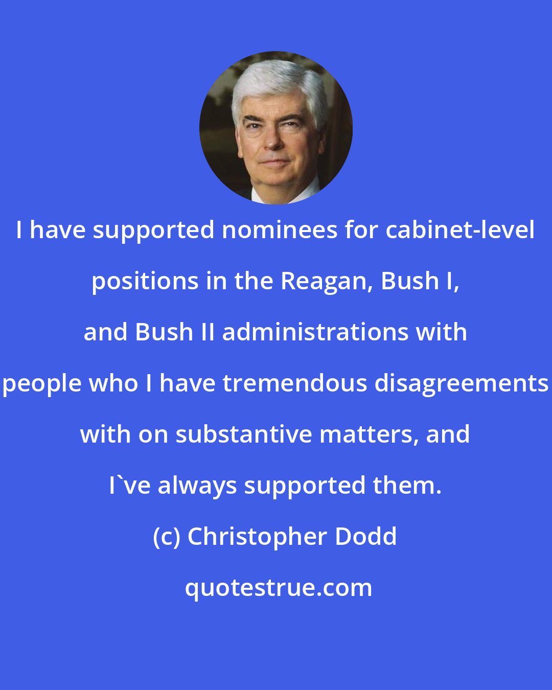 Christopher Dodd: I have supported nominees for cabinet-level positions in the Reagan, Bush I, and Bush II administrations with people who I have tremendous disagreements with on substantive matters, and I've always supported them.