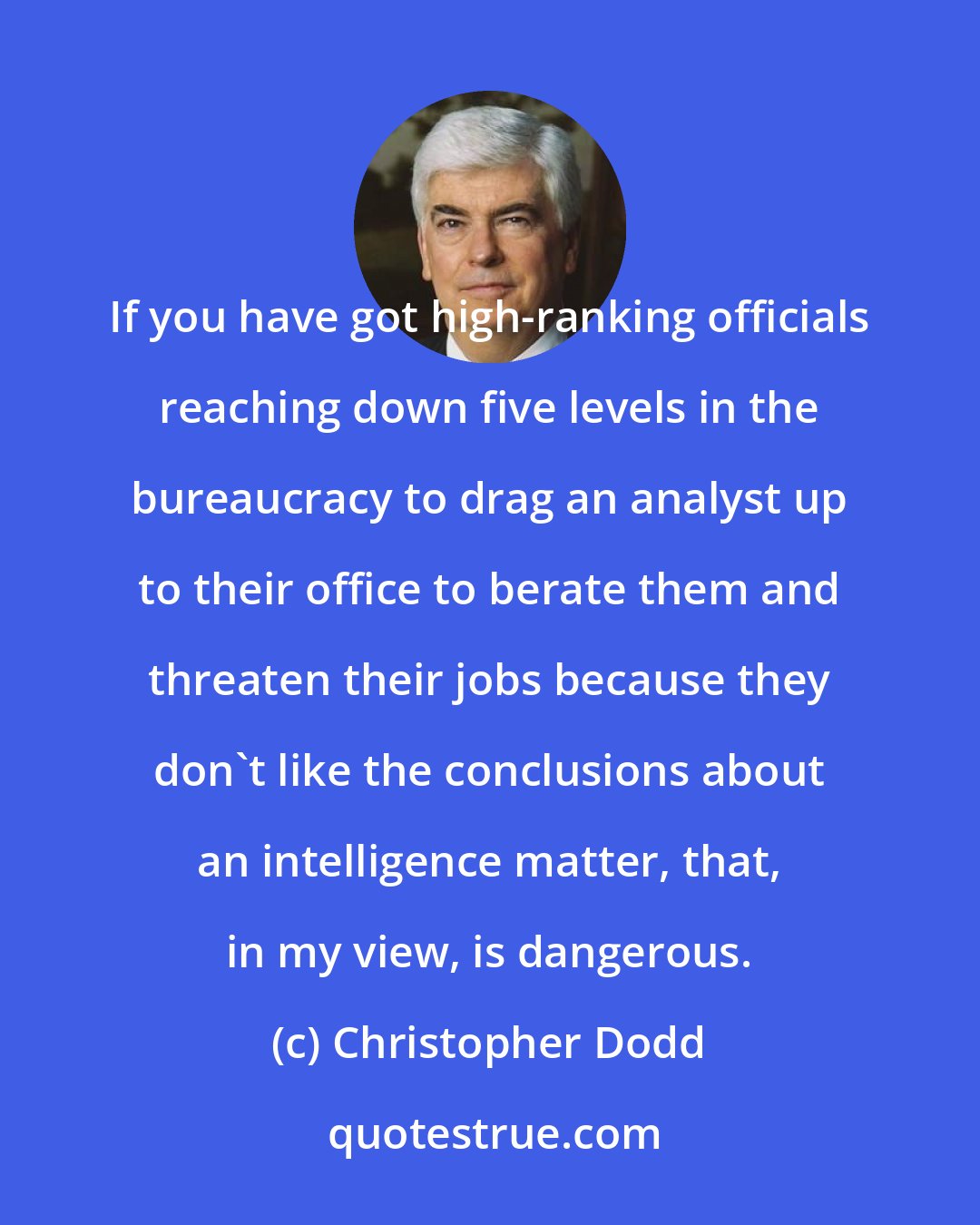 Christopher Dodd: If you have got high-ranking officials reaching down five levels in the bureaucracy to drag an analyst up to their office to berate them and threaten their jobs because they don't like the conclusions about an intelligence matter, that, in my view, is dangerous.