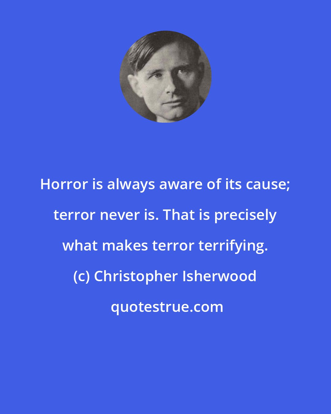 Christopher Isherwood: Horror is always aware of its cause; terror never is. That is precisely what makes terror terrifying.