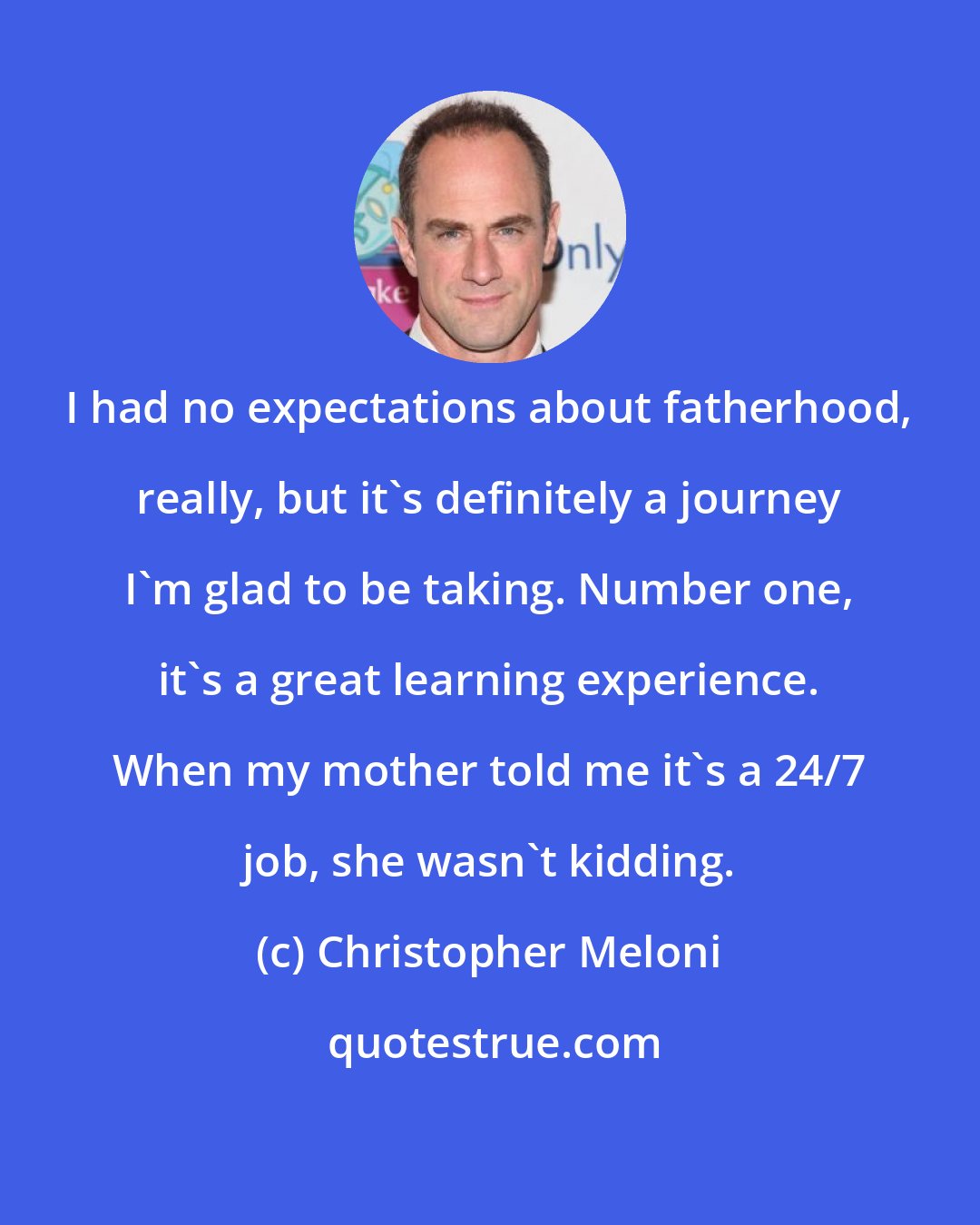 Christopher Meloni: I had no expectations about fatherhood, really, but it's definitely a journey I'm glad to be taking. Number one, it's a great learning experience. When my mother told me it's a 24/7 job, she wasn't kidding.