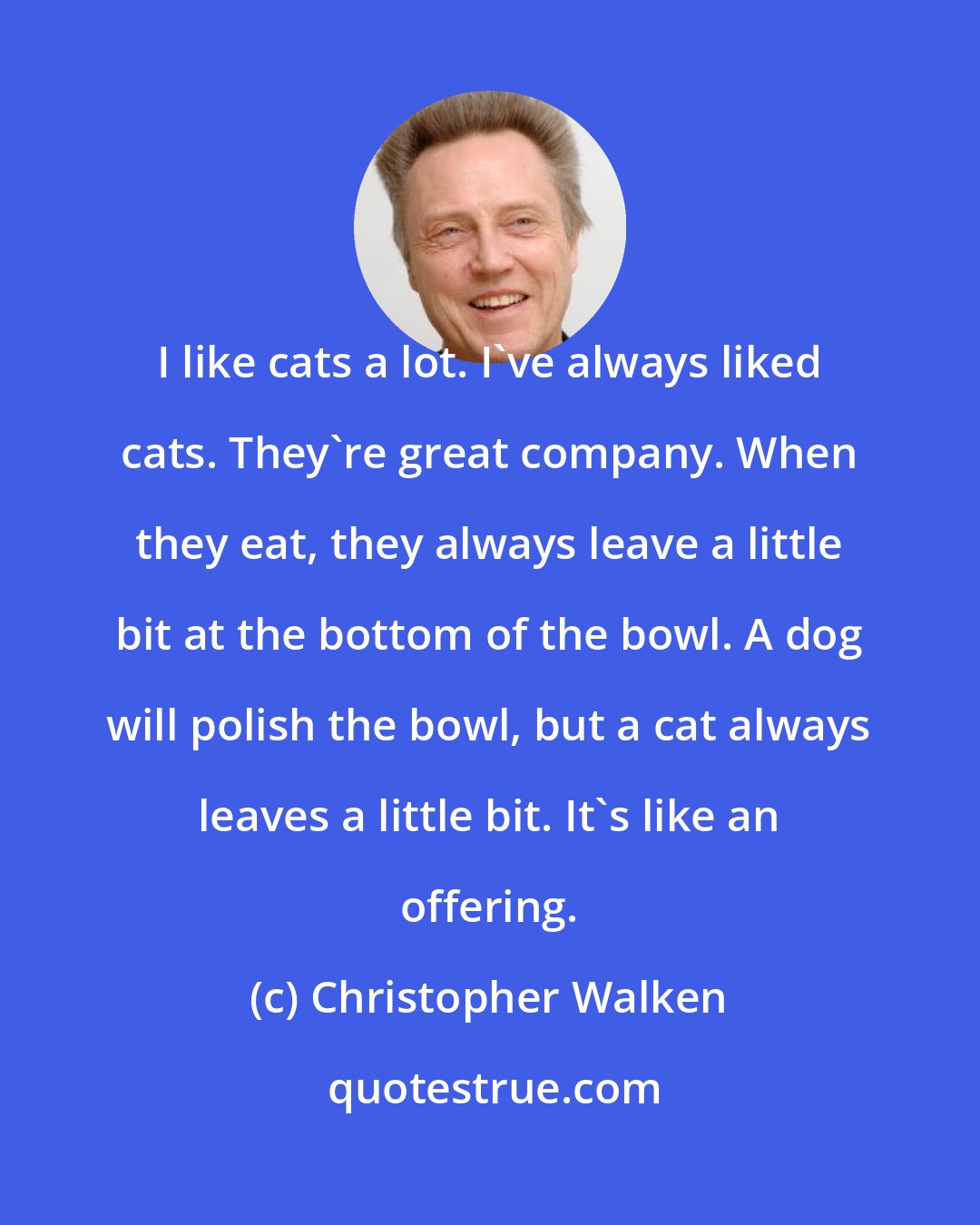 Christopher Walken: I like cats a lot. I've always liked cats. They're great company. When they eat, they always leave a little bit at the bottom of the bowl. A dog will polish the bowl, but a cat always leaves a little bit. It's like an offering.