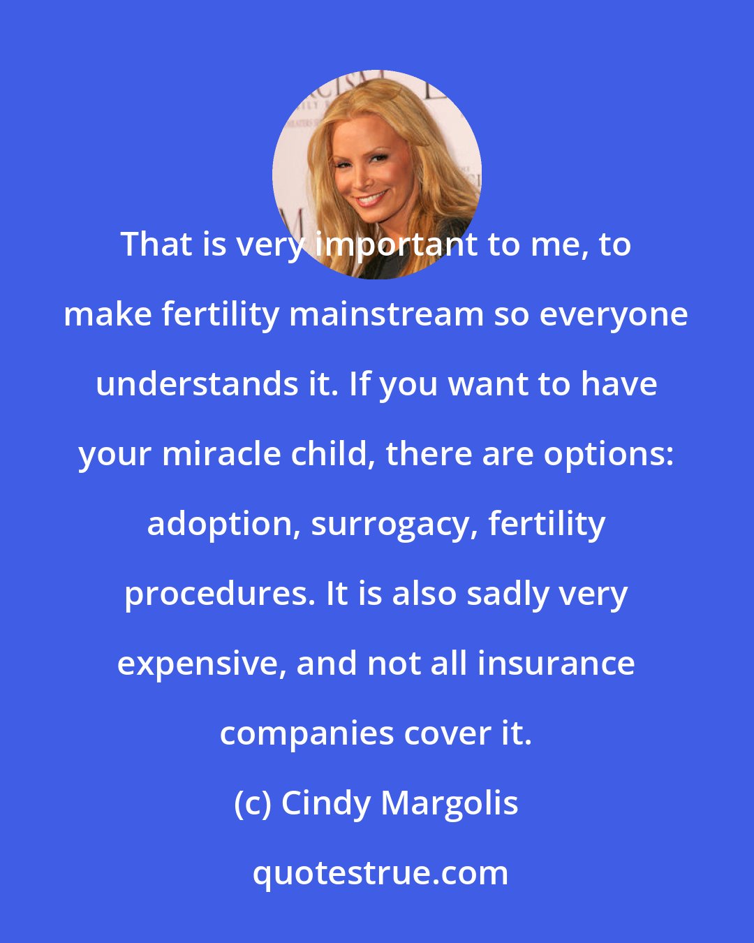 Cindy Margolis: That is very important to me, to make fertility mainstream so everyone understands it. If you want to have your miracle child, there are options: adoption, surrogacy, fertility procedures. It is also sadly very expensive, and not all insurance companies cover it.
