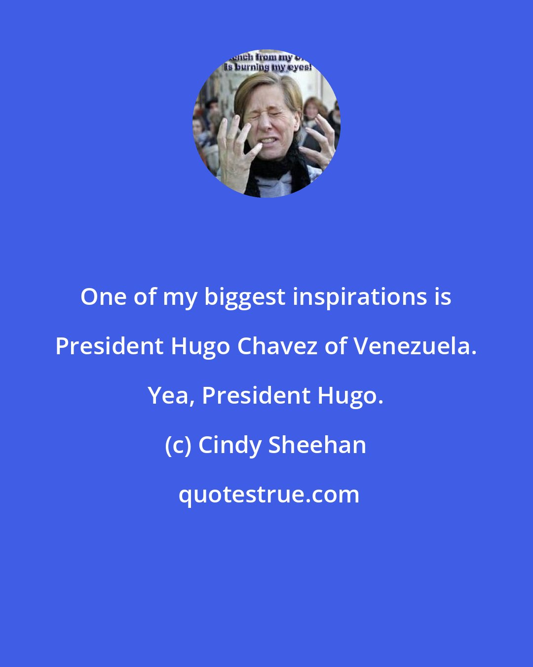 Cindy Sheehan: One of my biggest inspirations is President Hugo Chavez of Venezuela. Yea, President Hugo.