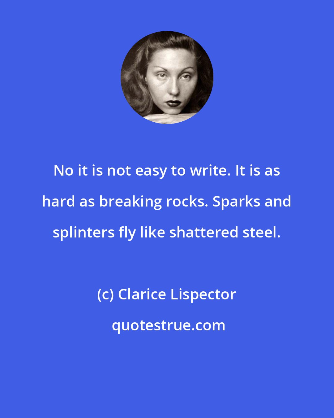 Clarice Lispector: No it is not easy to write. It is as hard as breaking rocks. Sparks and splinters fly like shattered steel.