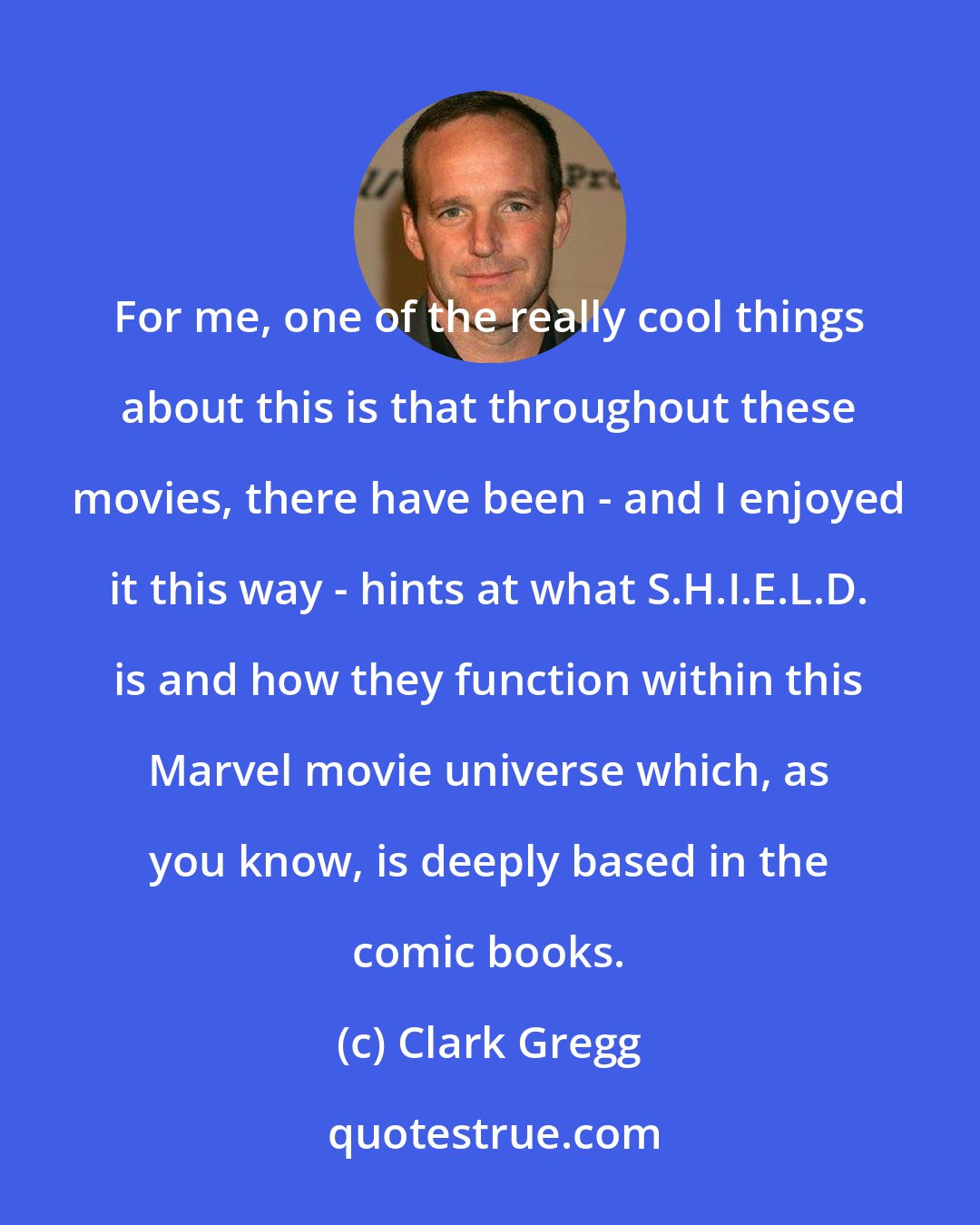 Clark Gregg: For me, one of the really cool things about this is that throughout these movies, there have been - and I enjoyed it this way - hints at what S.H.I.E.L.D. is and how they function within this Marvel movie universe which, as you know, is deeply based in the comic books.