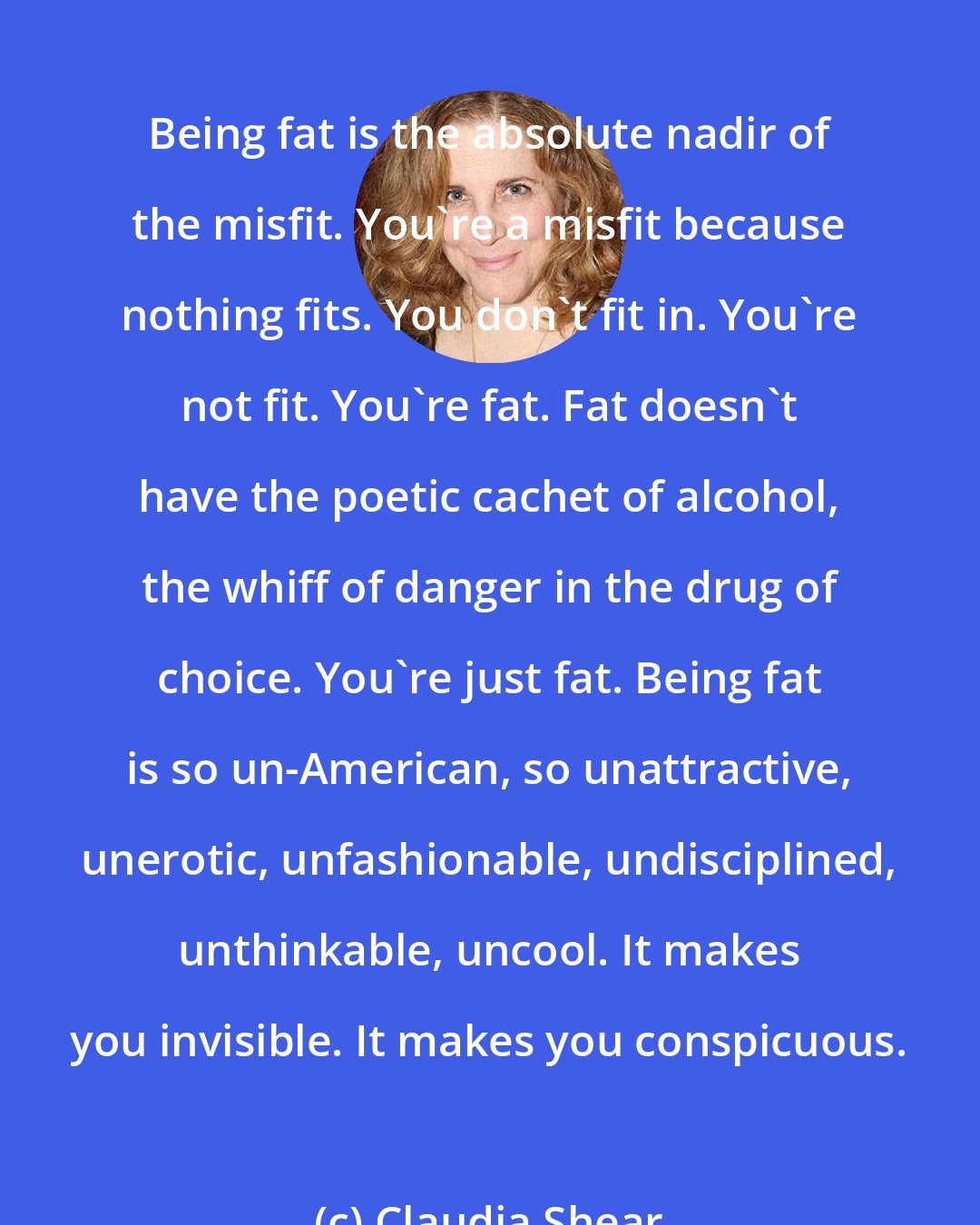 Claudia Shear: Being fat is the absolute nadir of the misfit. You're a misfit because nothing fits. You don't fit in. You're not fit. You're fat. Fat doesn't have the poetic cachet of alcohol, the whiff of danger in the drug of choice. You're just fat. Being fat is so un-American, so unattractive, unerotic, unfashionable, undisciplined, unthinkable, uncool. It makes you invisible. It makes you conspicuous.