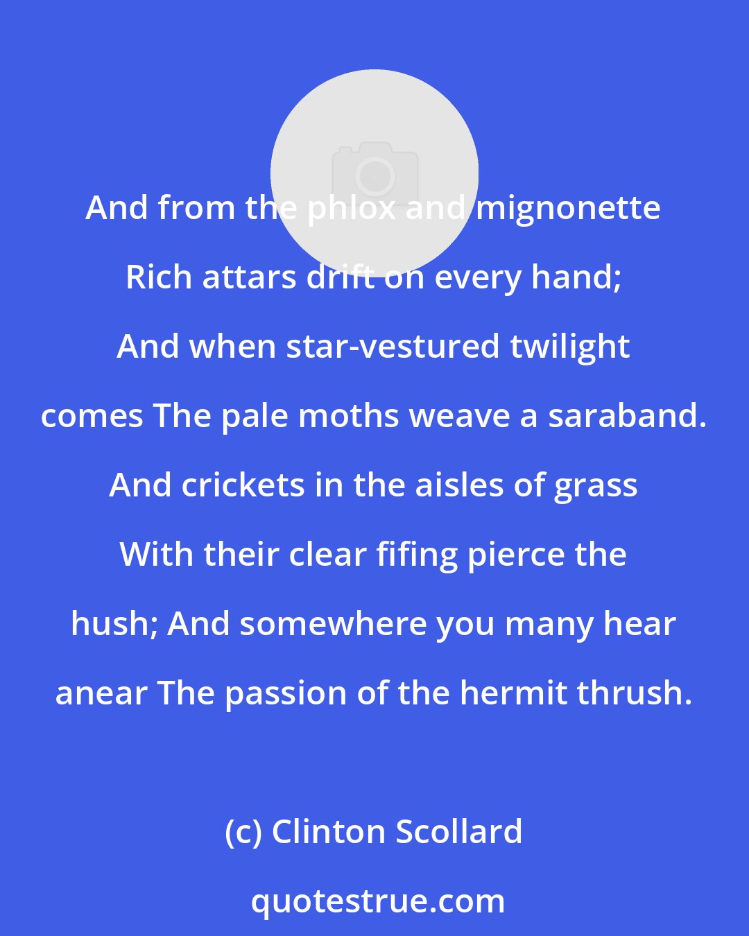 Clinton Scollard: And from the phlox and mignonette Rich attars drift on every hand; And when star-vestured twilight comes The pale moths weave a saraband. And crickets in the aisles of grass With their clear fifing pierce the hush; And somewhere you many hear anear The passion of the hermit thrush.