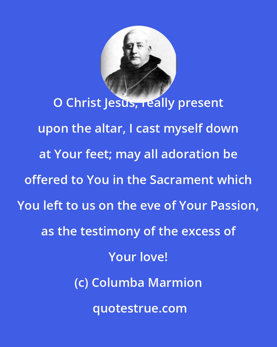 Columba Marmion: O Christ Jesus, really present upon the altar, I cast myself down at Your feet; may all adoration be offered to You in the Sacrament which You left to us on the eve of Your Passion, as the testimony of the excess of Your love!