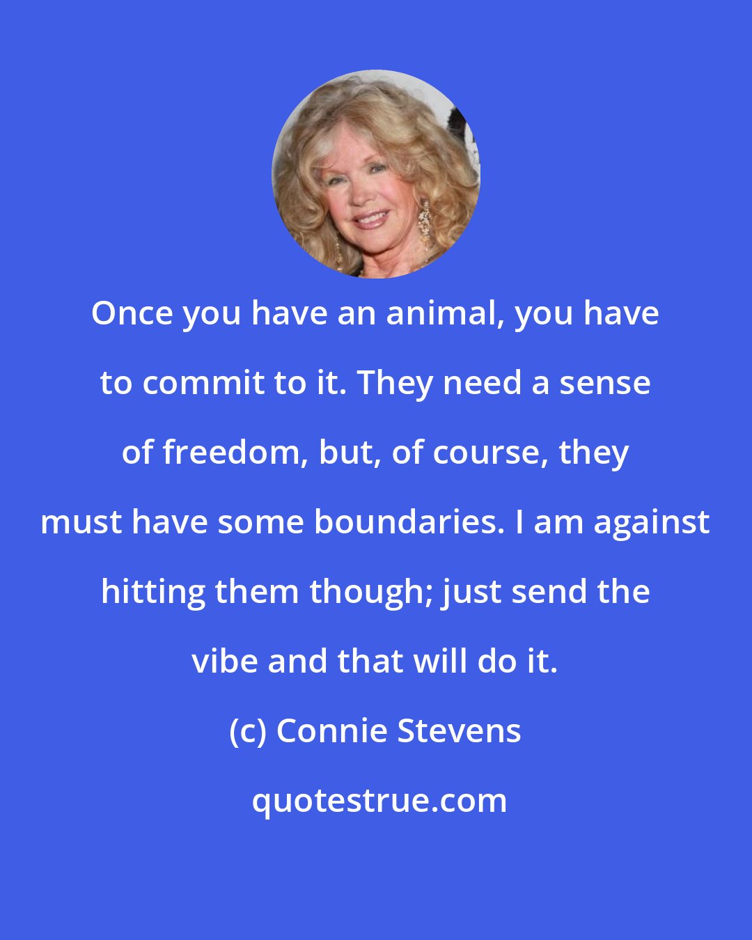Connie Stevens: Once you have an animal, you have to commit to it. They need a sense of freedom, but, of course, they must have some boundaries. I am against hitting them though; just send the vibe and that will do it.