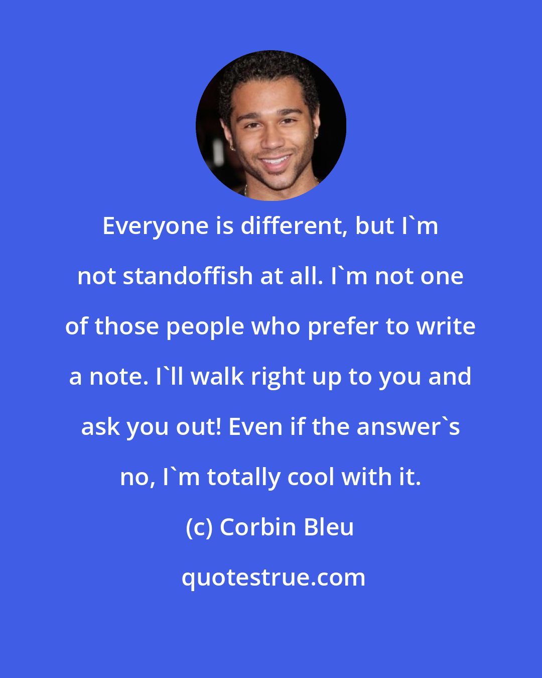 Corbin Bleu: Everyone is different, but I'm not standoffish at all. I'm not one of those people who prefer to write a note. I'll walk right up to you and ask you out! Even if the answer's no, I'm totally cool with it.