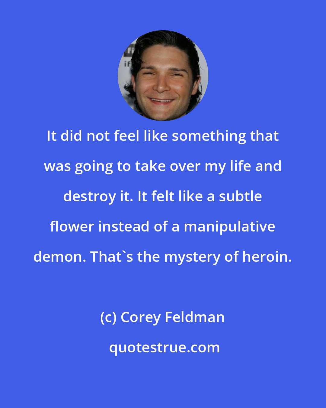 Corey Feldman: It did not feel like something that was going to take over my life and destroy it. It felt like a subtle flower instead of a manipulative demon. That's the mystery of heroin.