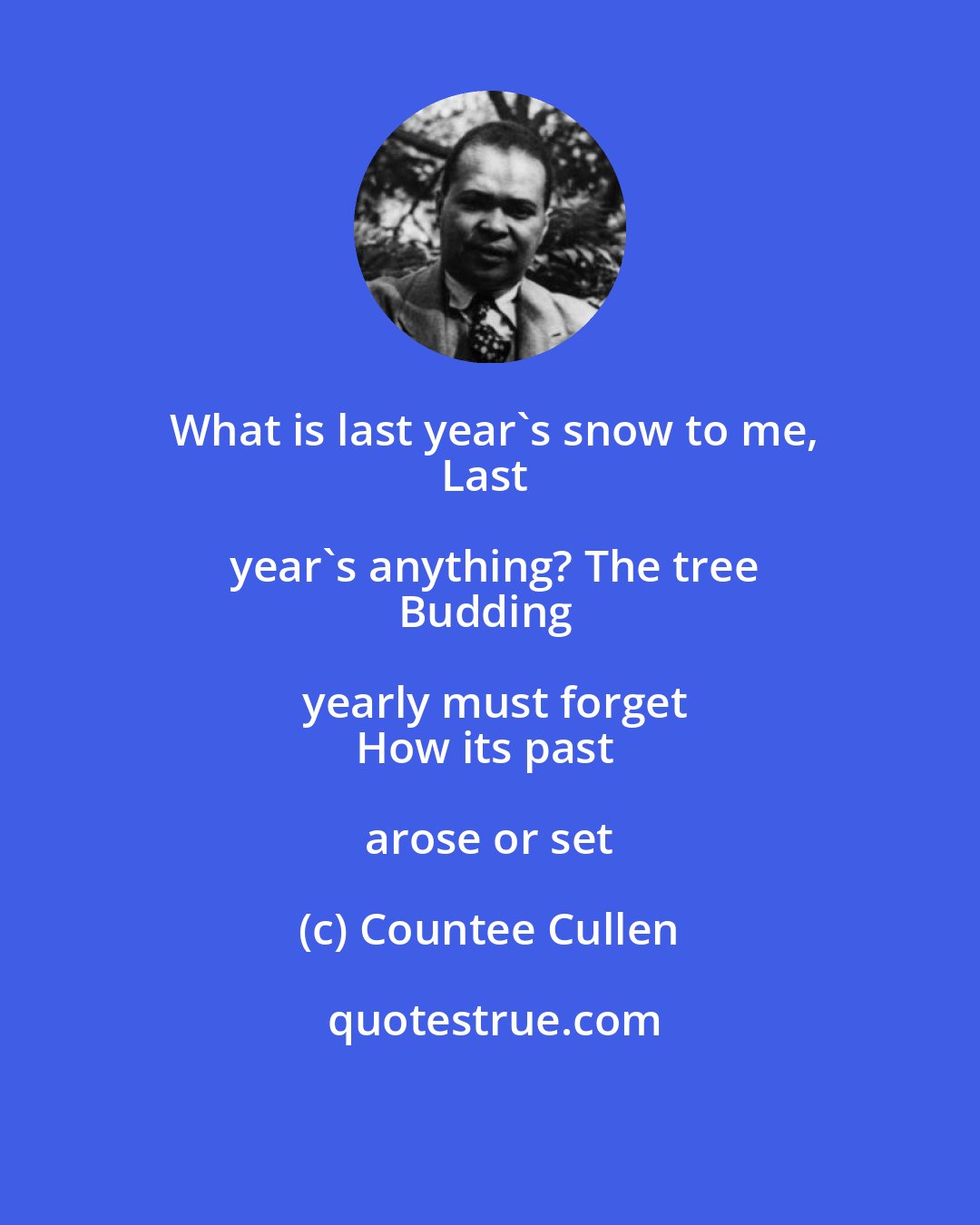 Countee Cullen: What is last year's snow to me,
Last year's anything? The tree
Budding yearly must forget
How its past arose or set