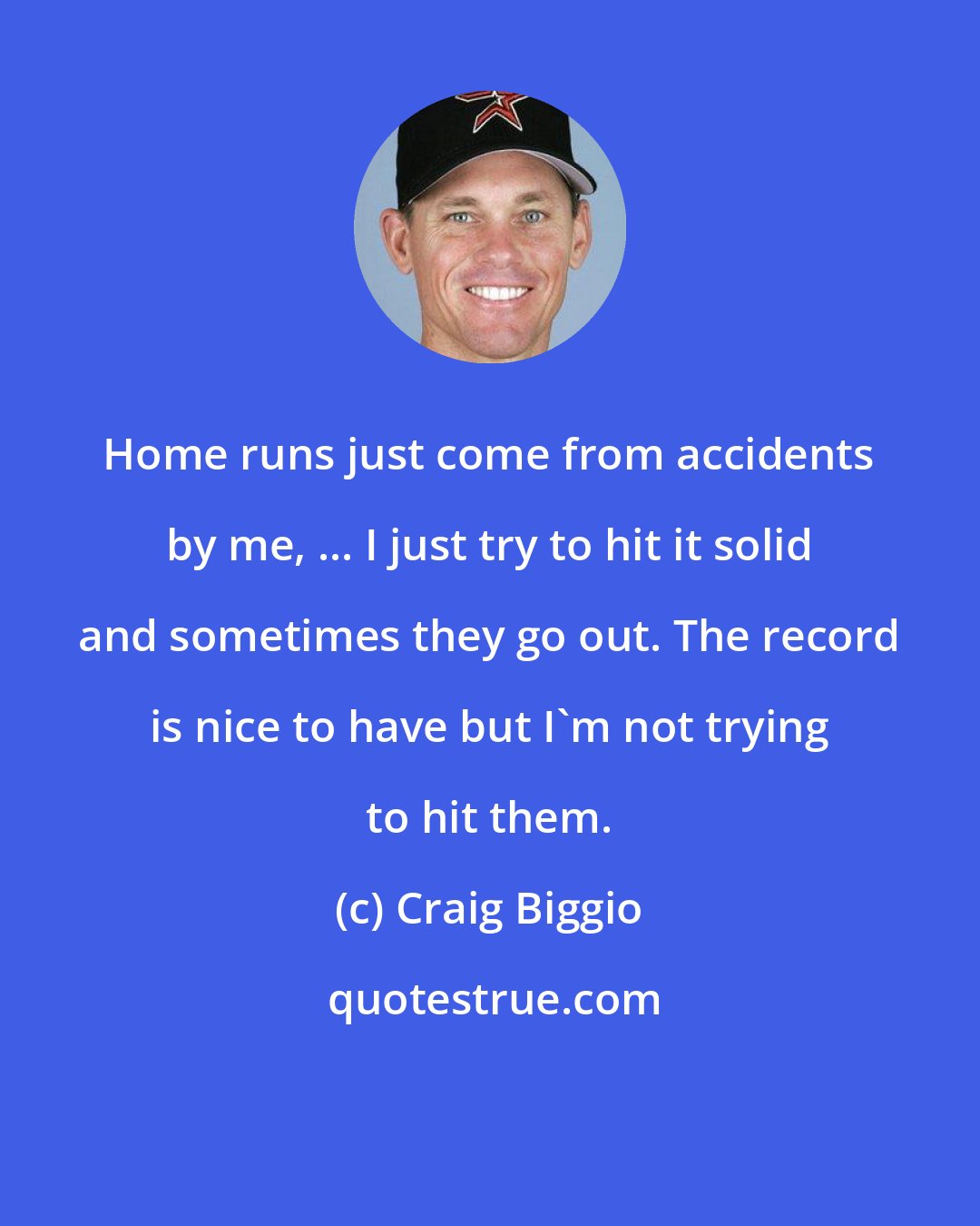 Craig Biggio: Home runs just come from accidents by me, ... I just try to hit it solid and sometimes they go out. The record is nice to have but I'm not trying to hit them.