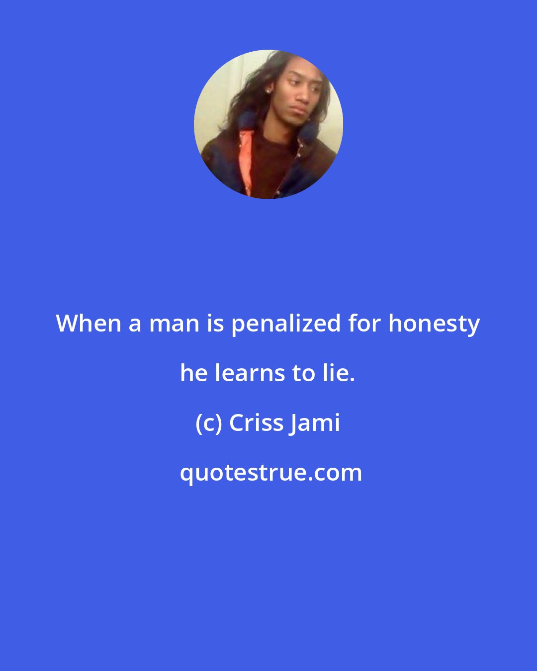 Criss Jami: When a man is penalized for honesty he learns to lie.